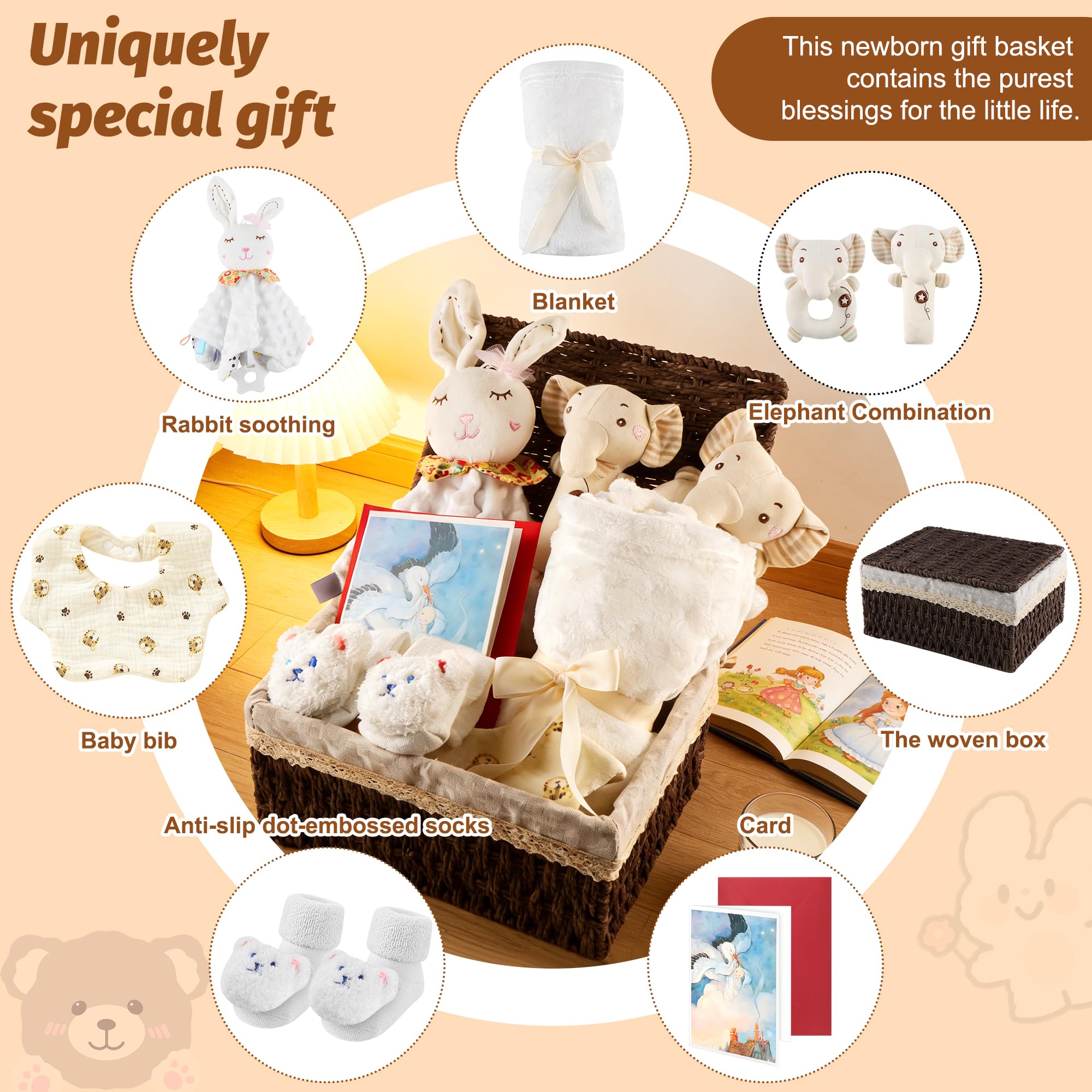Set Regalo Nascita Neonato Unisex Cofanetto Regalo Nascita Bebè | con Coperta 70x100 cm Doudou Sonaglio Bavaglino Calzini Cesto Idea Regalo Nascita Maschio Femmina (Generale - Bianco sporco)