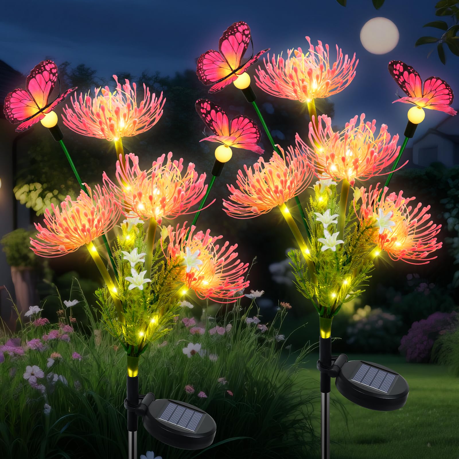 Luces Solares Jardin Exterior, 2 Piezas Luzes Solar de Flores, Lámpara Solar Jardín LED con Mariposas,Impermeable Decoración para Boda Fiestas Navidad Regalo Dia de La Madre