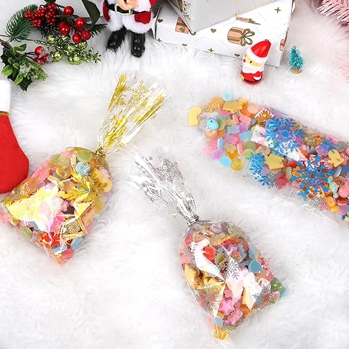Miniatura 5 de CCINEE 180 bolsas de celofán de Navidad para niños, bolsas de regalo de copo de nieve de Navidad con lazos metálicos para suministros de fiesta,