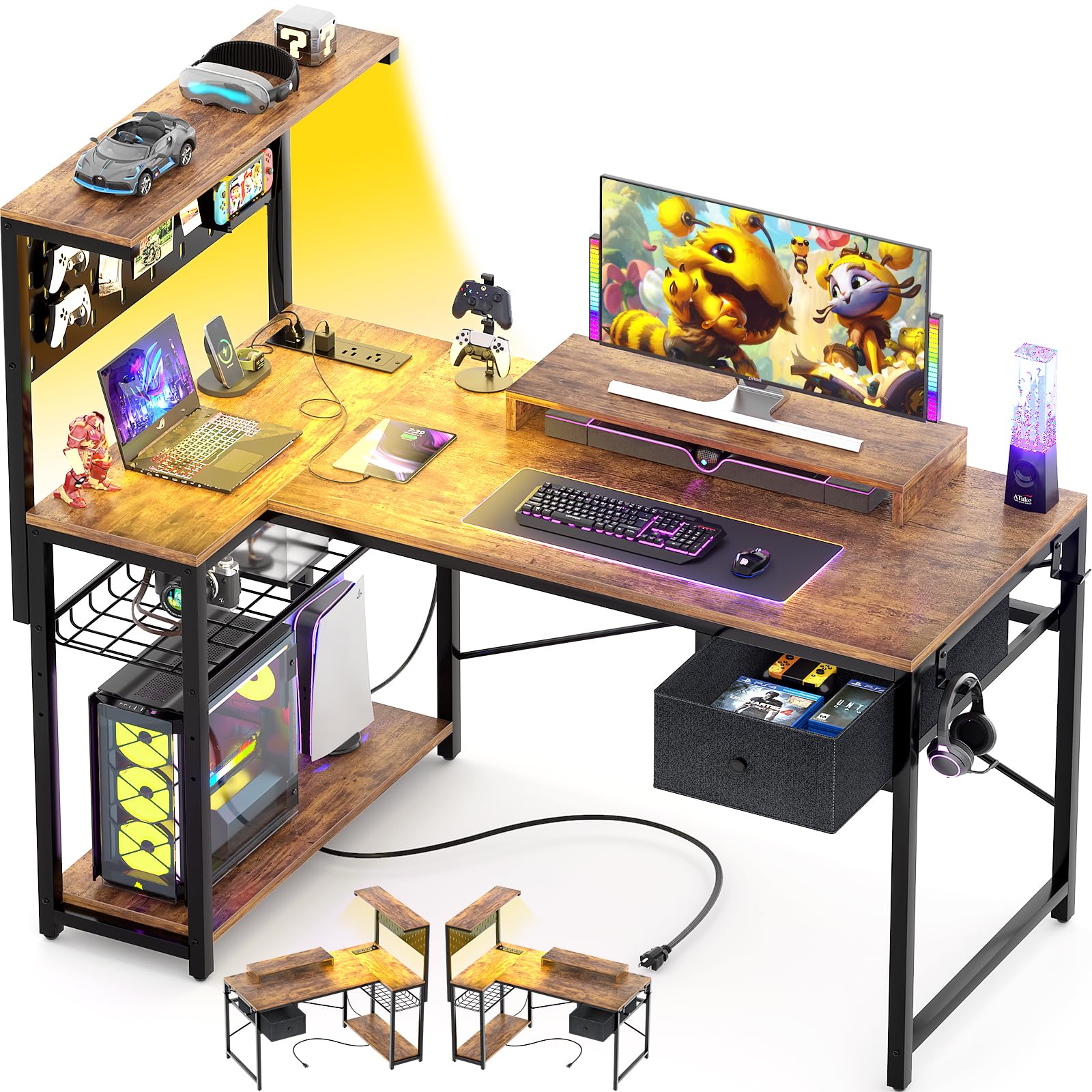 Homieasy L Shaped Gaming Desk with Pegboard & Drawer, LED Gaming Computer Desk with Power Outlet & Storage Shelves, Reversible Corner Gaming Desk with Monitor Stand, Headset Hooks, Rustic Brown