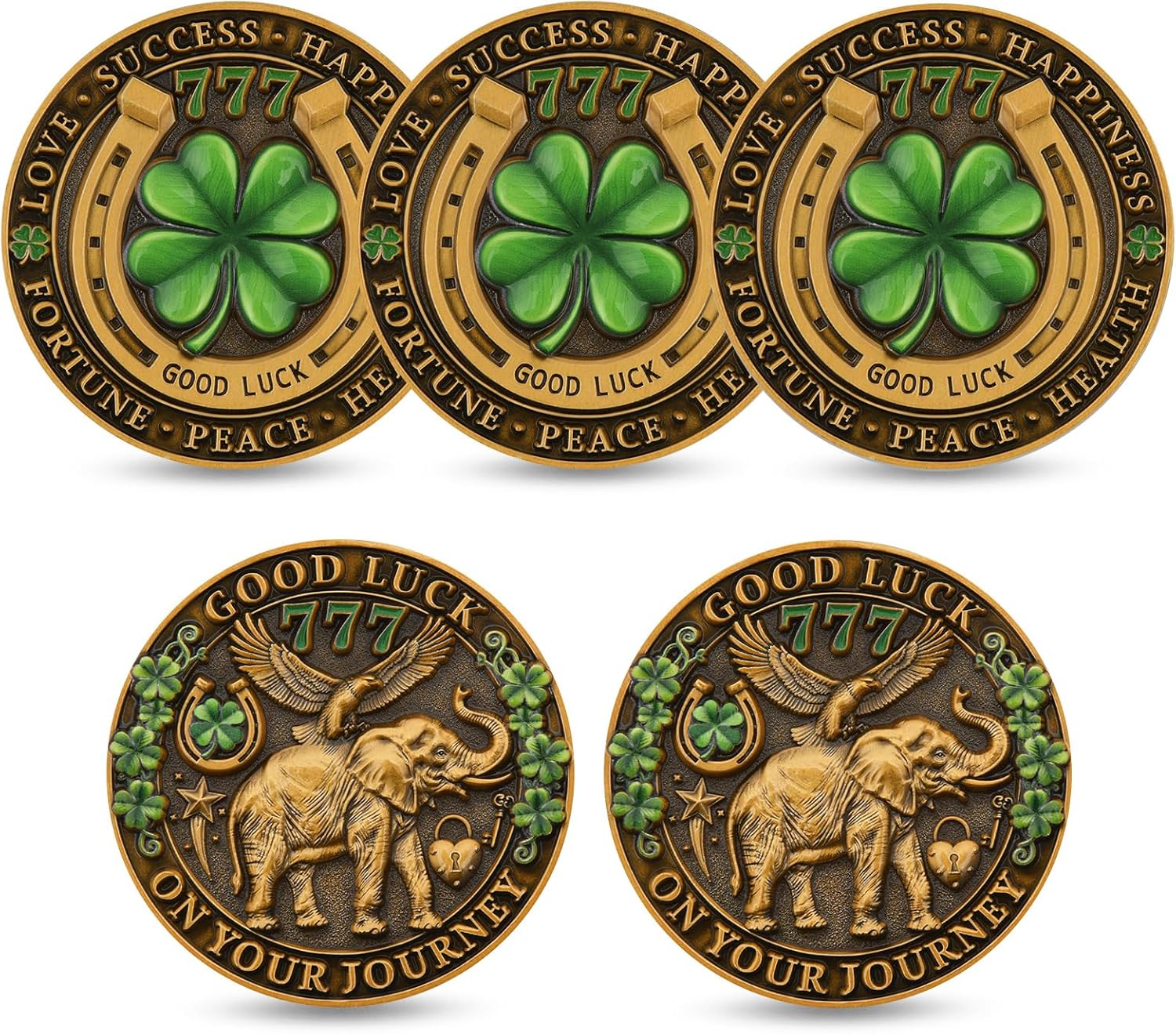 Lucky Four Leaf Clover Challenge Coin 5 Pack, 777 Good Luck Coins with Elephant & Horseshoe Design, Colorful UV Finish Lucky Charm Coins, Zinc Alloy Collectible with Clear Acrylic Cases