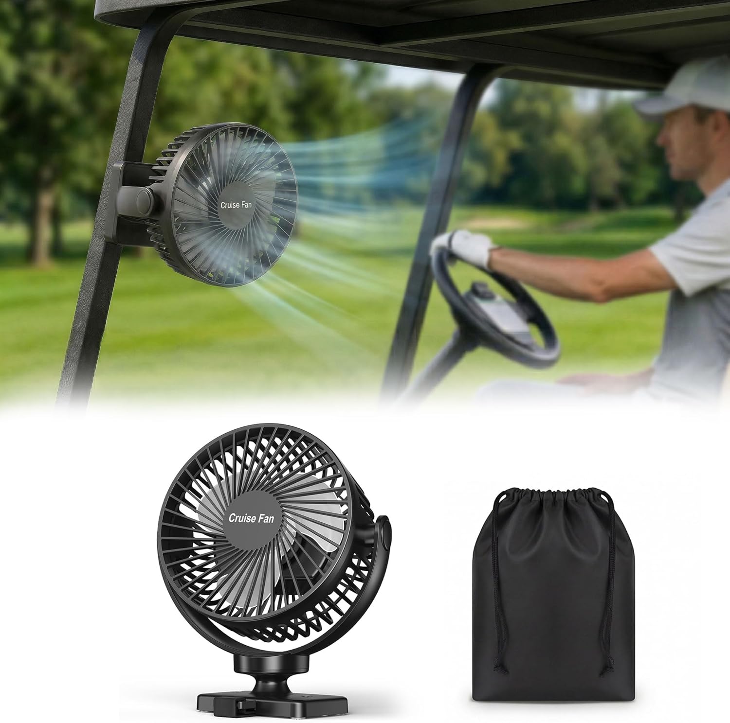 Magnetic Golf Cart Fan – 12000mAh Rechargeable Portable Fan with N54 Strong Magnet, 3 Speeds & 720° Adjustable Airflow for Golf Cart, Cruise, Camping, Travel & Outdoor Cooling