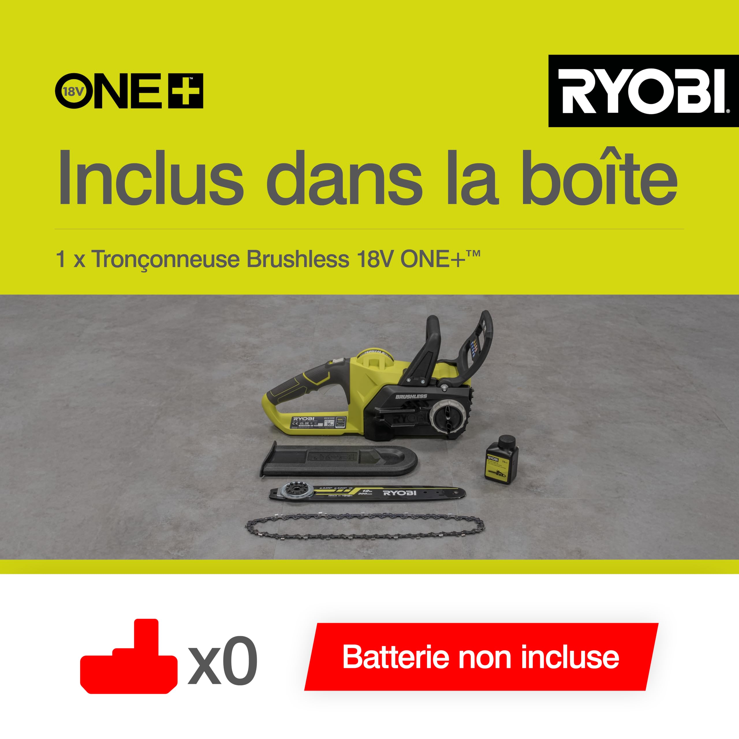 RYOBI - Tronçonneuse Sans Fil 18V ONE+ OCS1830 – Guide 30cm, Lubrification Automatique, Frein de Chaîne, Compacte - Taille Bois, Bûches et Branches – Batterie Non Incluse