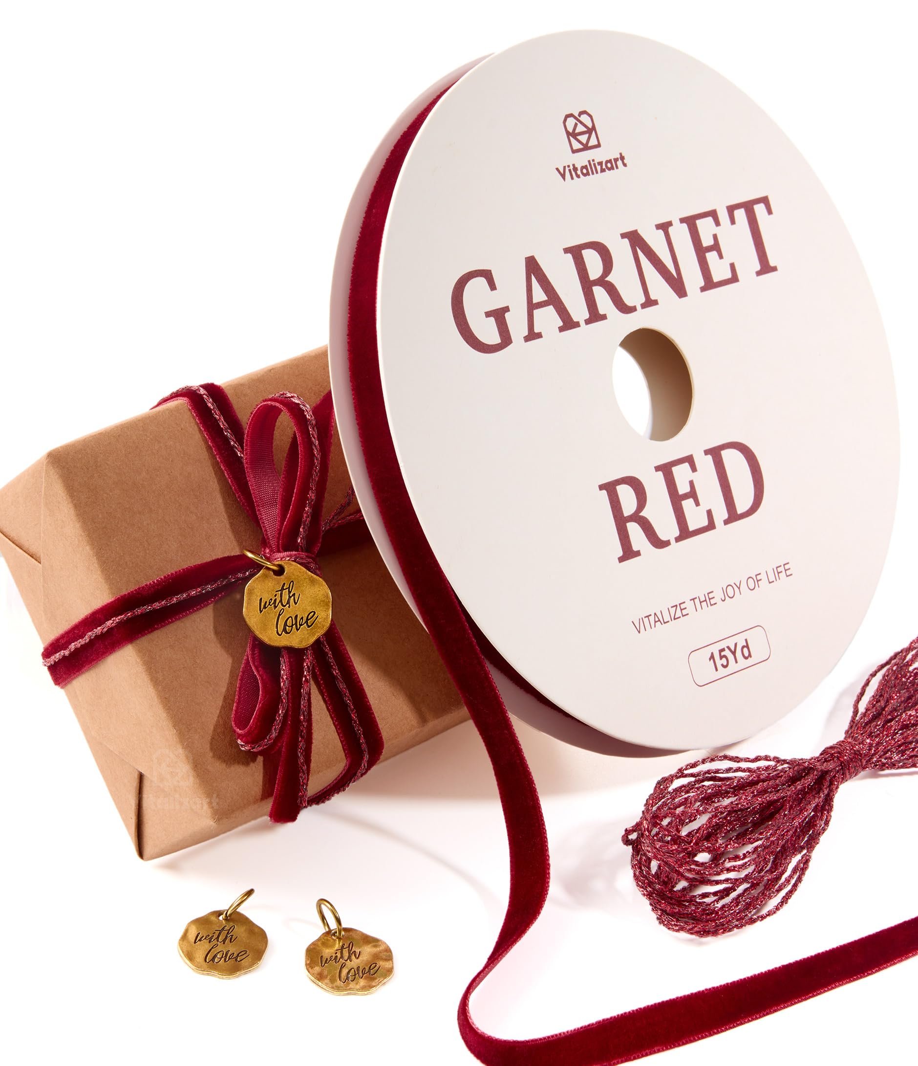Vitalizart Red Velvet Ribbon 3/8" x 15 Yd with Twine & Metallic Charms, Continuous Burgundy Fabric for Gift Wrapping, Bows, Tree Ornaments, Festival Decoration, Wrapping Paper