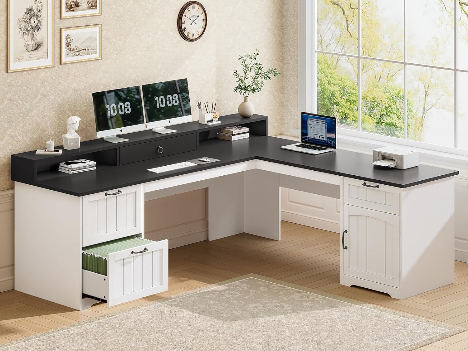SEDETA 63" L Shaped Desk with Drawers, Farmhouse Office Desk with File Drawers, Wood Corner Computer Desk with Storage, Home Office Desk with Monitor Stand and Storage Cabinet, Black and White