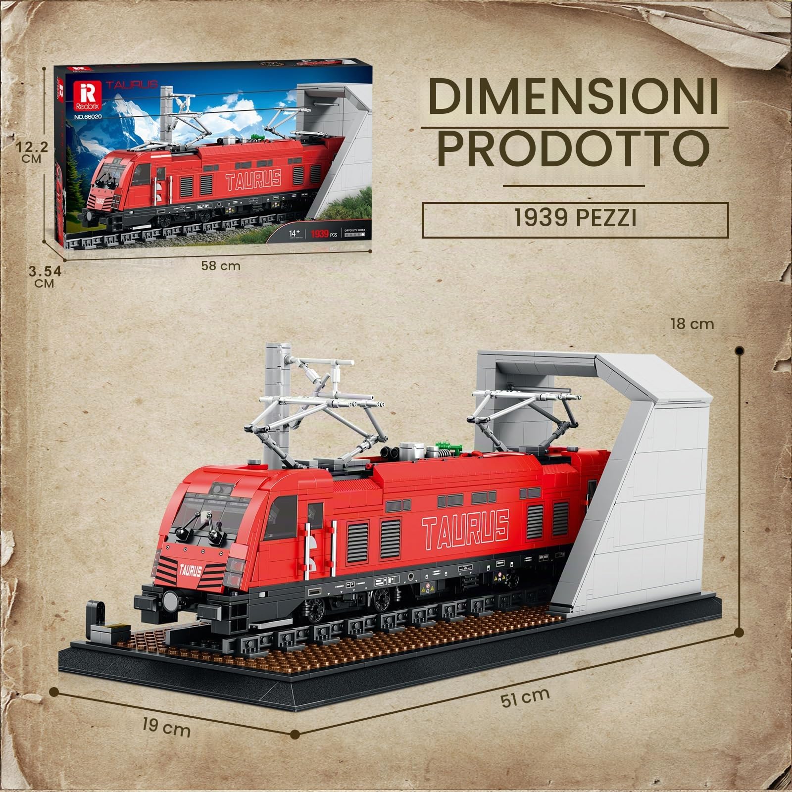 Reobrix 66020: Set treno elettrico retrò + auto d'epoca (1939pz). Modello MOC con base, perfetto per collezionisti e arredamento appassionati di treni e camion.