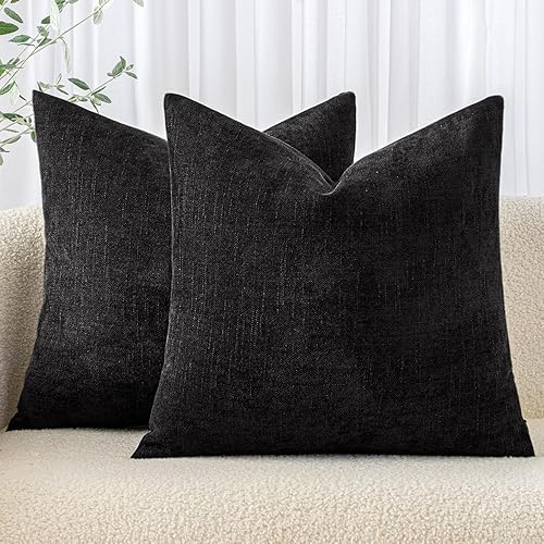 MIULEE Pack of 2 Decorative Throw Pillow Covers Soft Chenille Throw Pillows Solid textured Cushion Covers for Couch Sofa Bedroom Living Room 18x18 Inch, Black