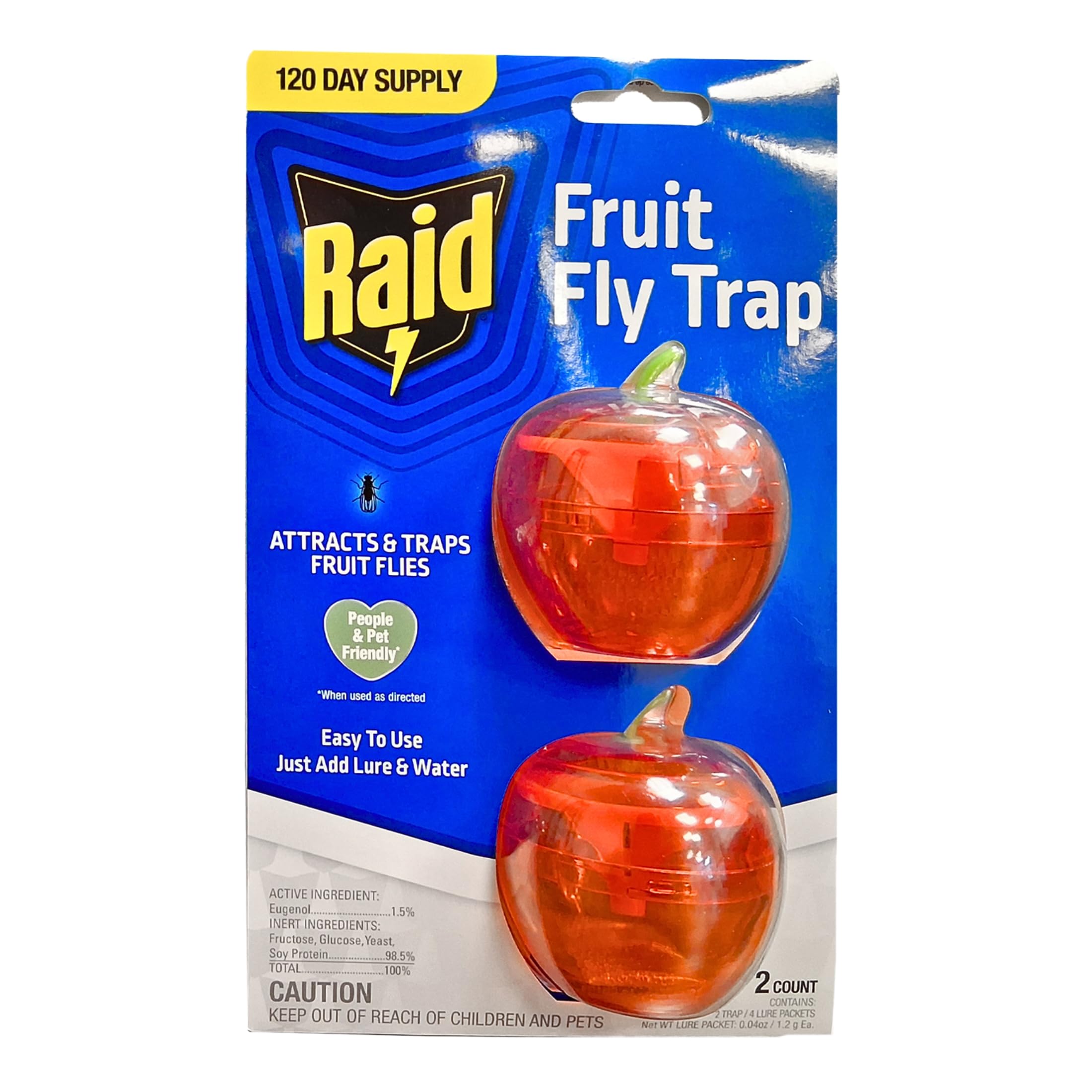 Raid Fruit Fly Trap, 4 Lures for 120 Days of Protection, Apple-Shaped Reusable Indoor Fly Trap, Stops Flies from Multiplying in Kitchens, Near Fruits, Vegetables & Garbage Bins