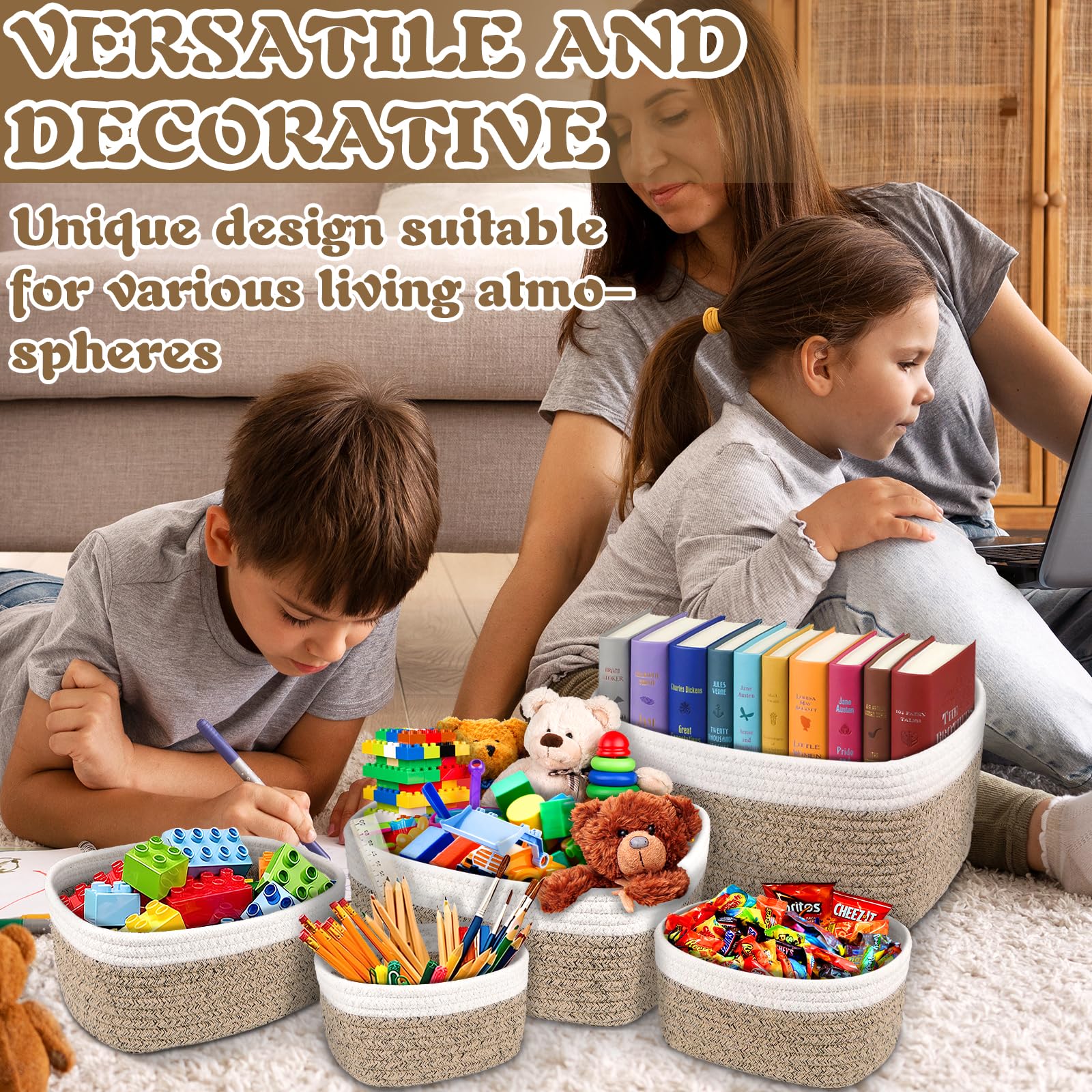 Set di 5 Cestini Portaoggetti Intrecciato in Corda di Cotone, Cestino Portaoggetti Bagno,Impilabile Organizer Fasciatoio, Decorazione Cestini Stoccaggio per Bagno Cameretta Salotto Ufficio