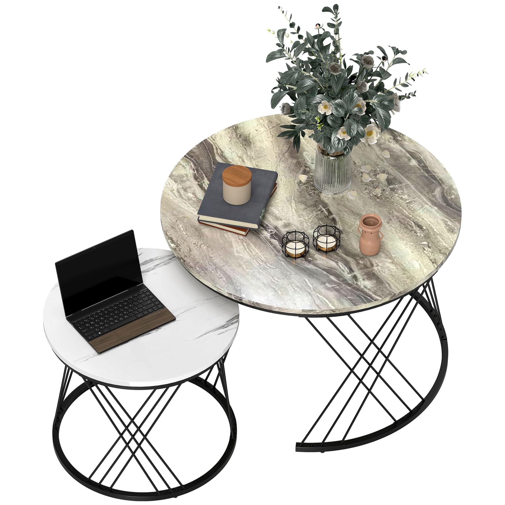 HOMCOM Juego de 2 Mesas Nido Mesas de Centro para Salón Redondas con Tablero con Diseño de Mármol Marco de Metal para Sala de Estar Dormitorio Gris y Blanco