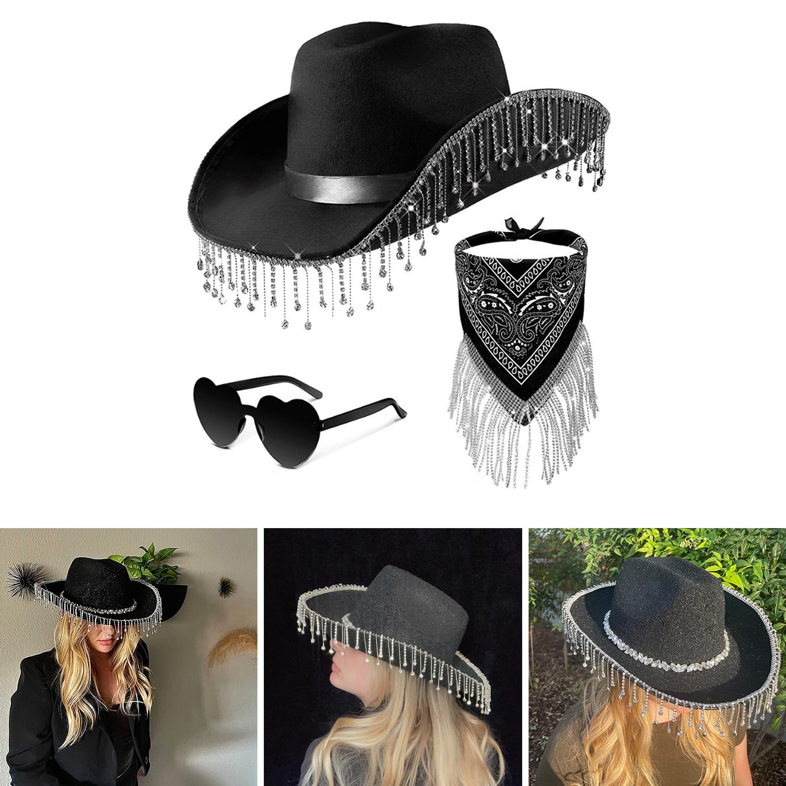 Dsgzkk Cowboy Hat,Fringed Cowboy Hat Scarf & Sunglasses Costume Set Western Cowgirl Hat Musical Festival Dress Up Black
