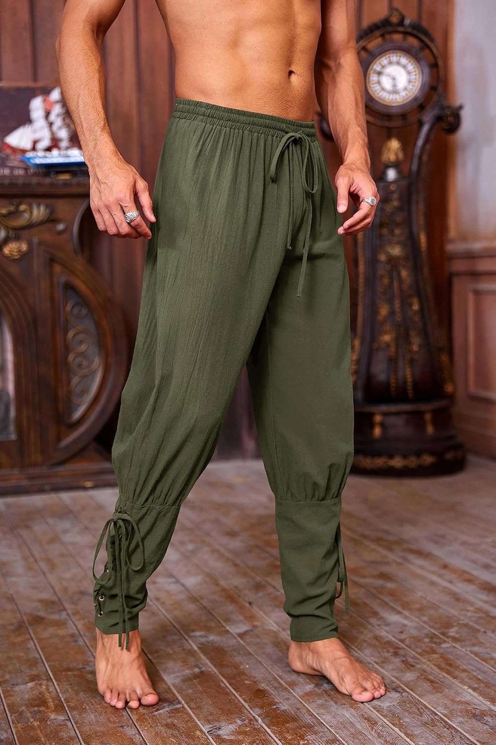 Runcati Mens Medieval Ankle Pants Renaissance Viking Pirate Lace Up Tapered Halloween Linen Costume Trousers - Image 3