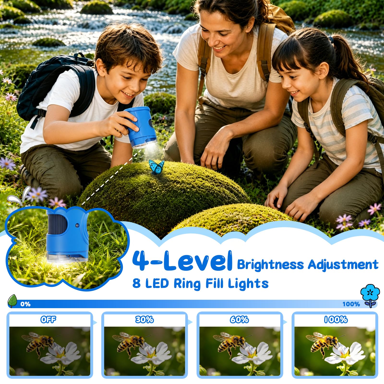 Microscopio Digitale Bambini 1000X, Microscopio Portatile con Schermo IPS 2 Pollici, 8 LED Luce Regolabile, Foto e Video, Regalo di Compleanno per Bambini Ragazzi e Ragazze (Blu)