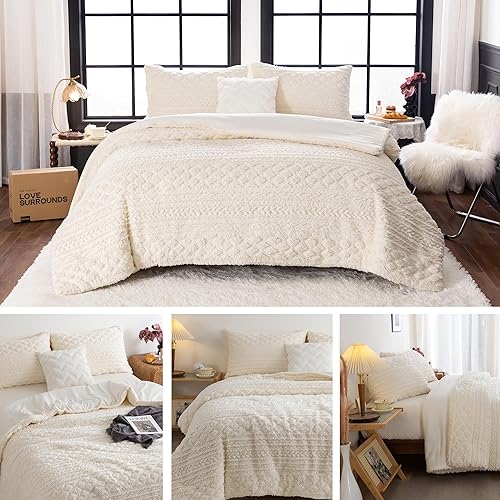 Miniatura 6 de COTTEBED Juego de edredón reversible Sherpa tamaño Queen, juego de ropa de cama bohemio copetudo tamaño matrimonial, ultra suave, ligero, de algodón