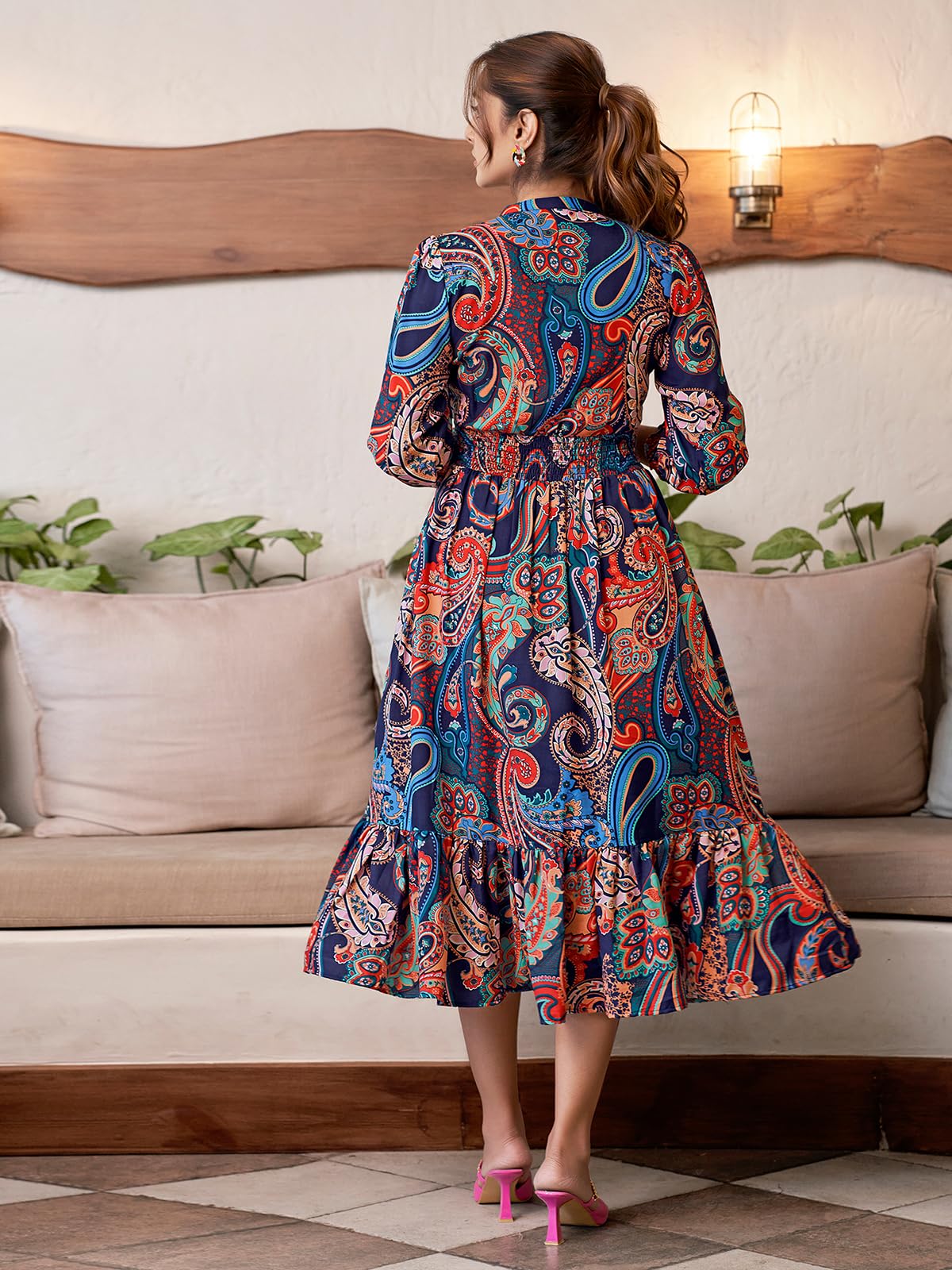 Selvia Western Dress For Women| Printed 3/4 Sleeve Rayon Blend Western Dress For Women | V-Neck A-Line Dress For Women | One Piece Dress For Women (612Dtk7685N-Xl_Multi) Multicolour