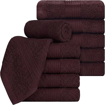 Ample Decor 100% Cotton Washcloths 12x12 Inches, 600 GSM, Soft & Absorbent, Durable, Set of 10, Brown