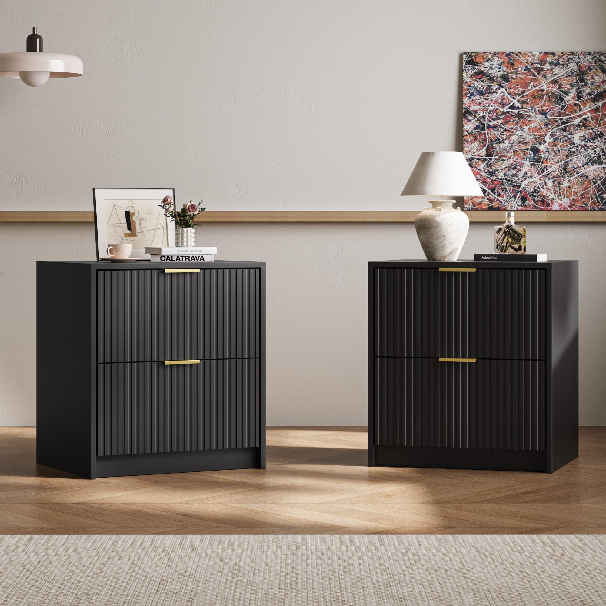Set of 2 Fluted Nightstand with 2 Drawers, Modern Storage Bedside Table with Golden Metal Handles, Wooden End Table for Bedroom, Black