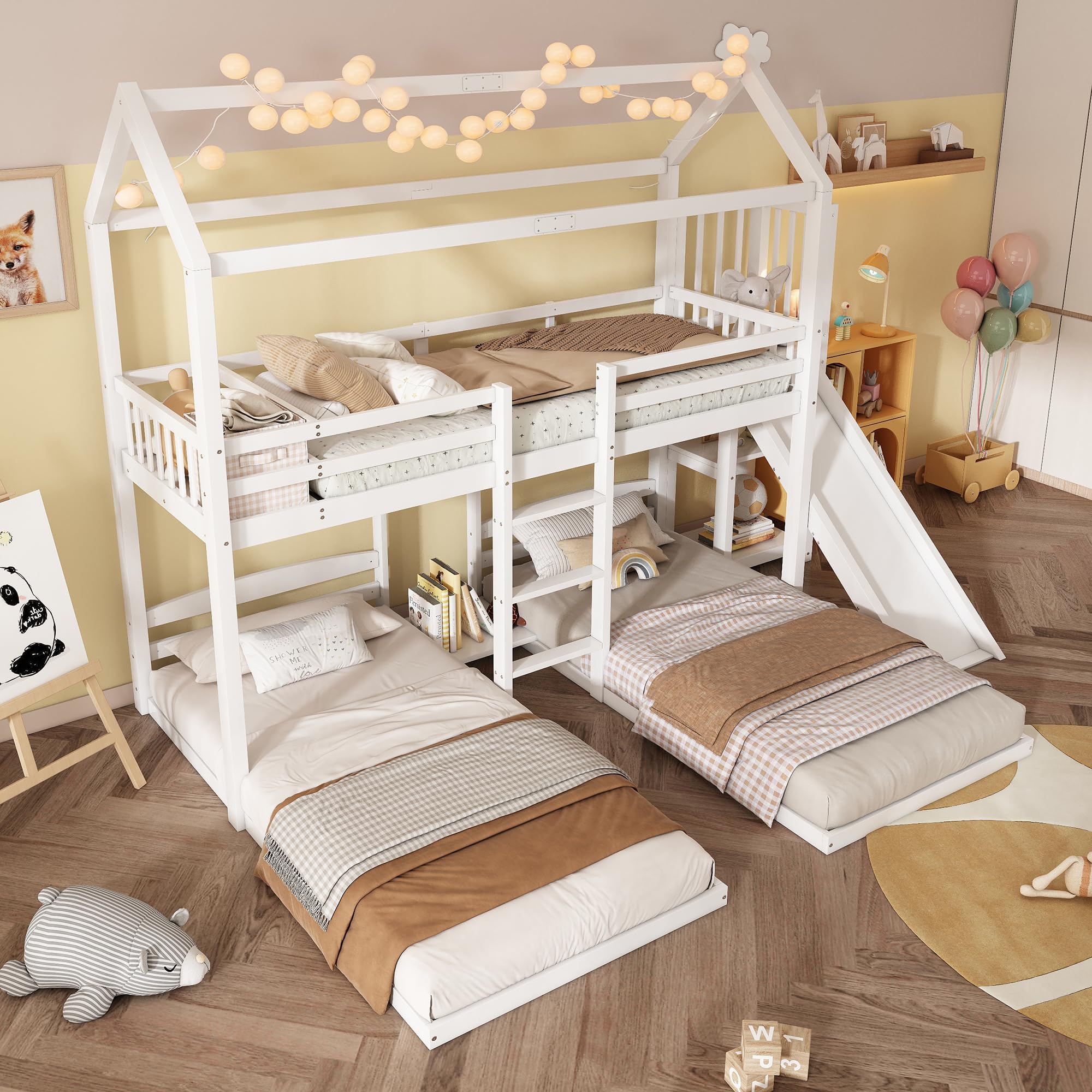 Letto a Castello 90 x 200 cm, Letto a Castello con Scivolo e 3 Posti Letto, per Ragazzi e Bambini (senza Materasso)