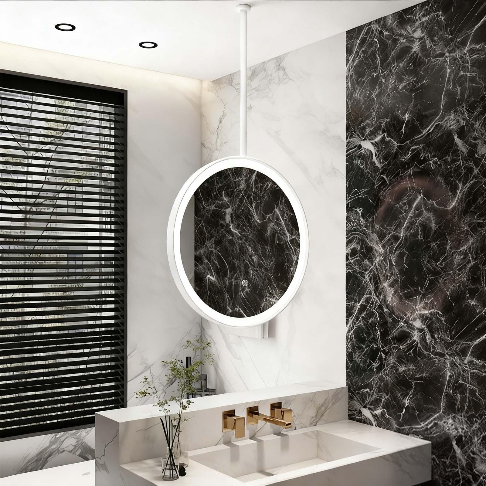 FGXHHS Round Ceiling Suspended Hanging Mirror with Lights, Decorative Simple Wall for Home or Hotel Bathroom Vanity Shaving(White,Diameter-60CM/23.6INCH)