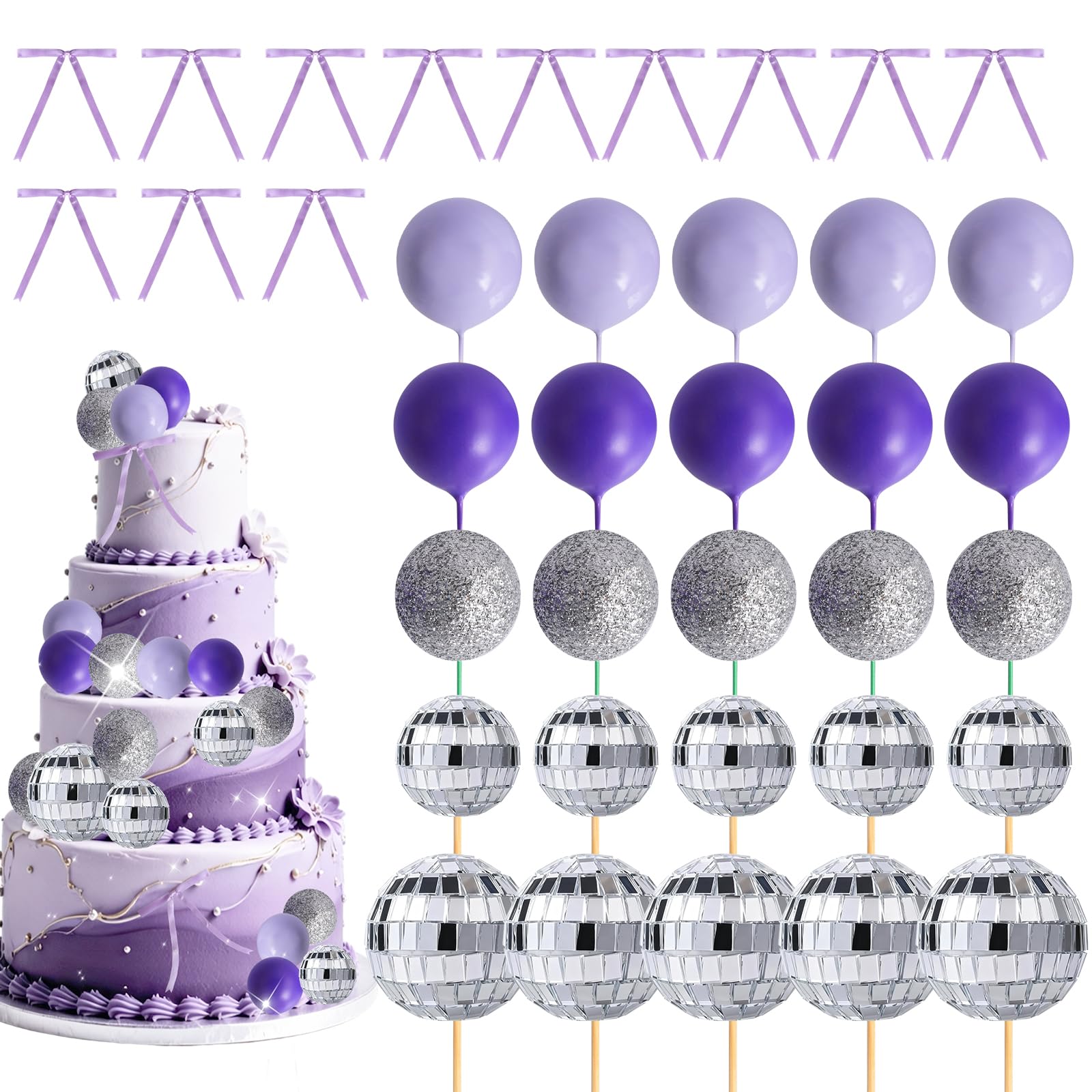 Disco Ball Cake Decorations Purple Cake Bow Balls Cupcake Topper Supplies for Birthday Wedding Baby Shower Party Decoration Anniversary