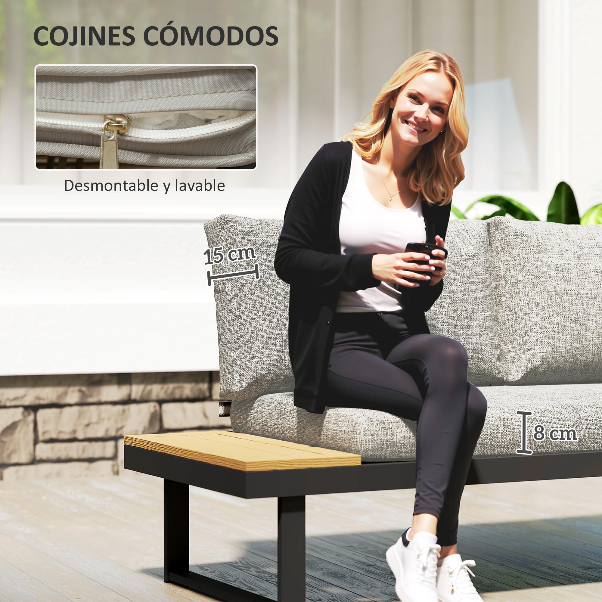 Outsunny Conjunto de Jardín Exterior de 3 Piezas Gris Claro | Sofá Exterior Seccional Resistente con Estructura de Aluminio, 2 Sofás de 2 Plazas, Mesa de Centro Versátil, Cojines