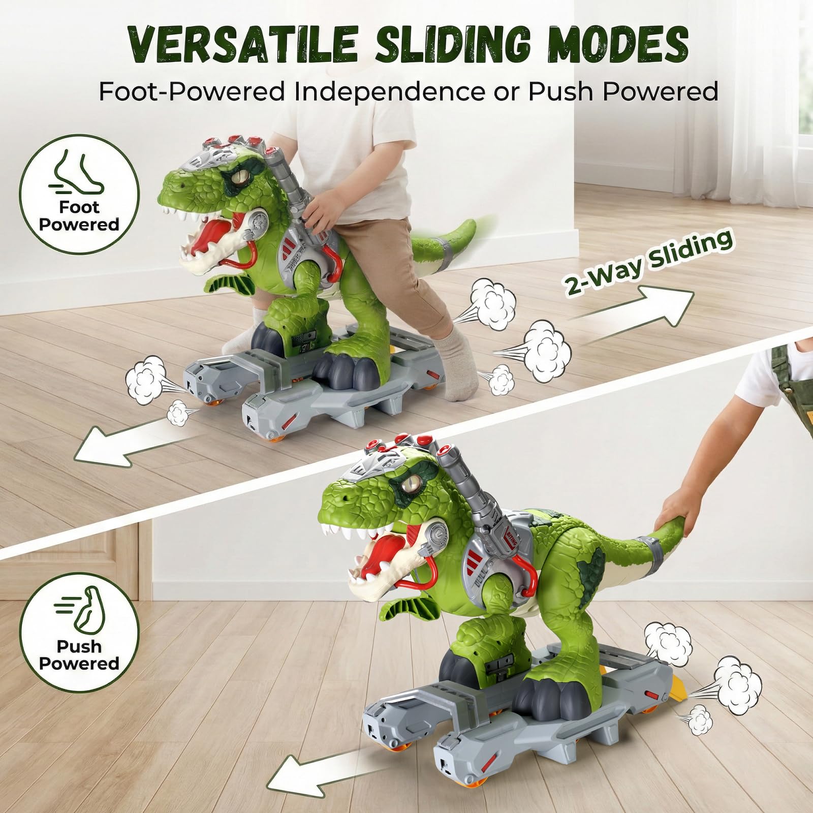 lerrbo Kinder Fahrzeuge in Dinosaurier-Design, elektrische Fahrzeuge für Kleinkinder mit Musik, Licht und RauchEffekt, Tretroller für Vorschulkinder