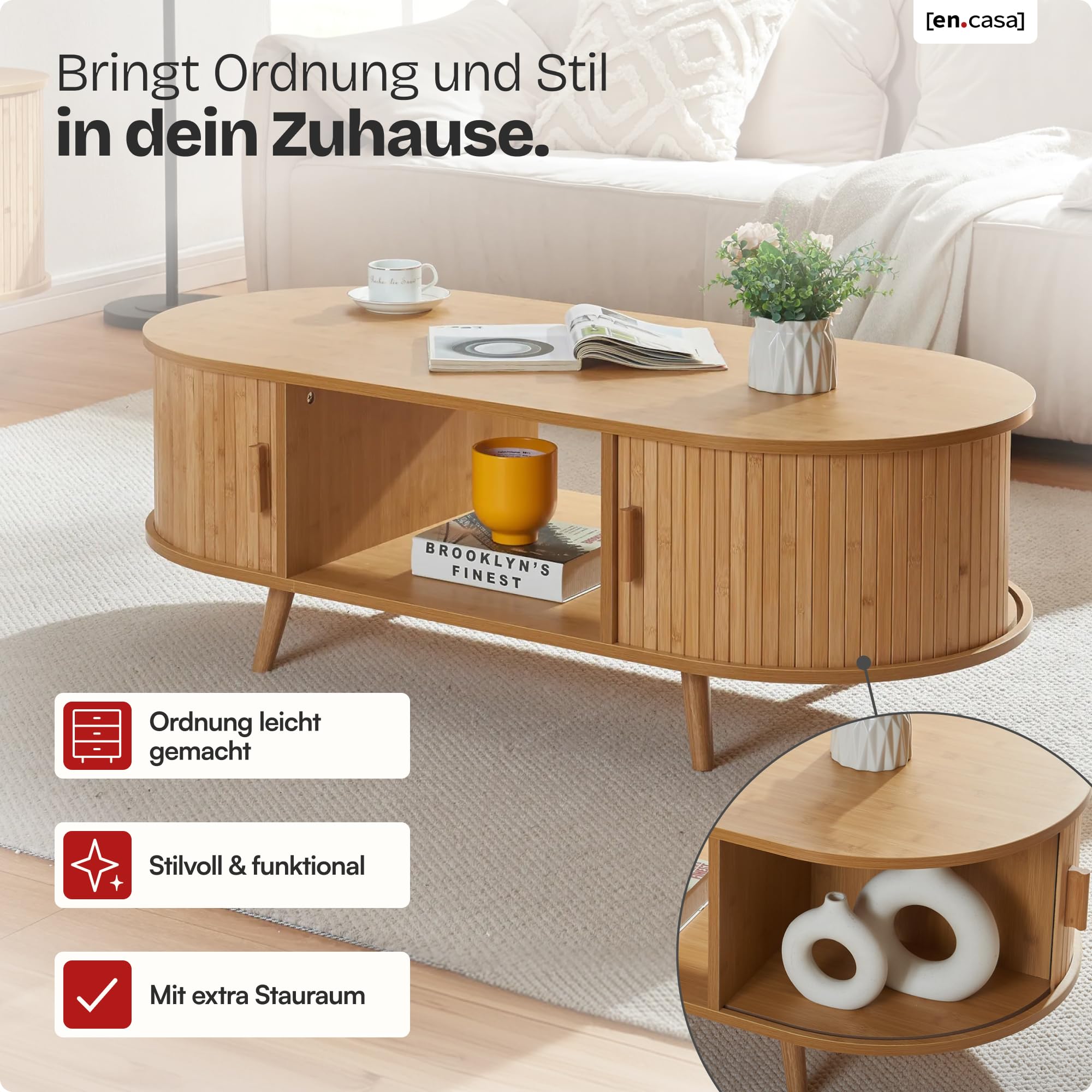 [en.casa] Couchtisch Nordkapp Wohnzimmertisch mit 2 Schiebetüren Bambus Sofatisch mit Stauraum Kaffeetisch Holzbeine 120 x 55 x 40 cm
