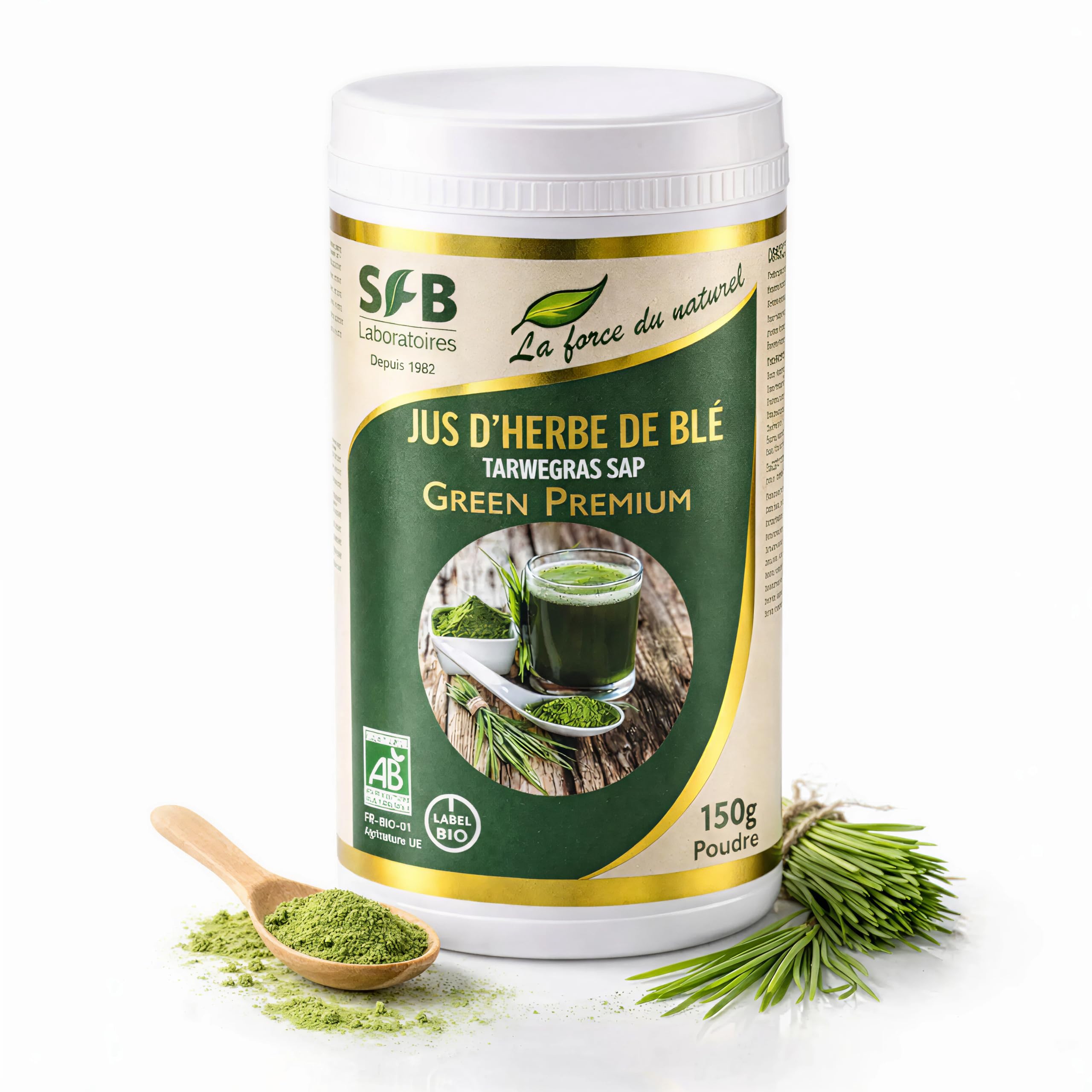 SFB Laboratoires - Jus d'Herbe de Blé Bio 100% Pur en Poudre - Riche en Chlorophylle et Nutriments Essentiels - SuperAliment - Détoxifiant Naturel - Idéal avec Smoothies, Jus, Eau - 150g