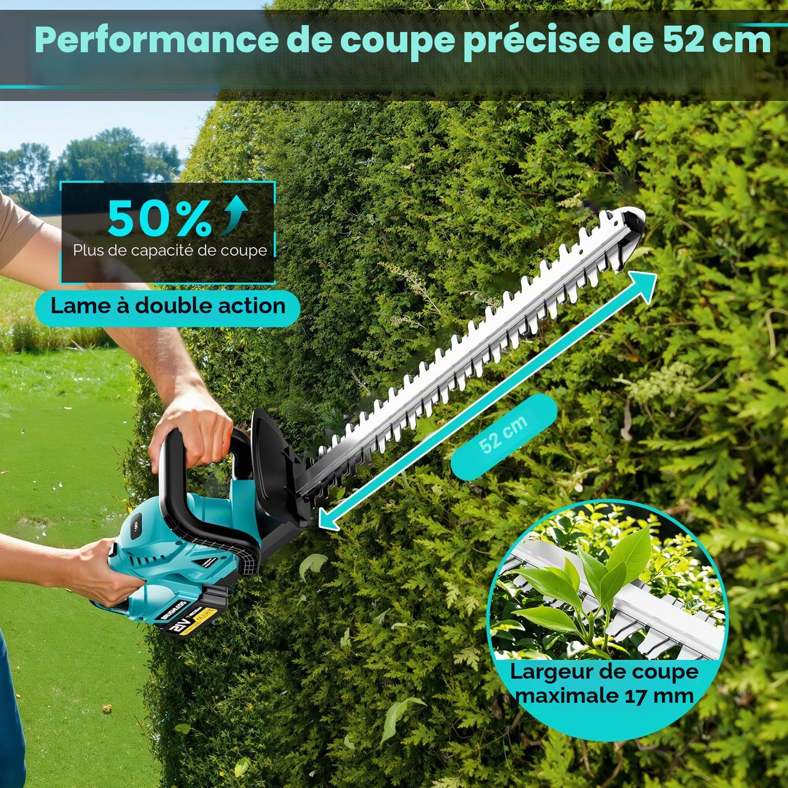 52CM Taille-Haies sans Fil, Moteur sans Balais, Taille Haie Batterie avec 2 Batteries 4,0 Ah, SK5-lame Double Action, diamètre de Coupe 17 mm, PoignéE Pivotante à 180°, pour Haies, Arbres