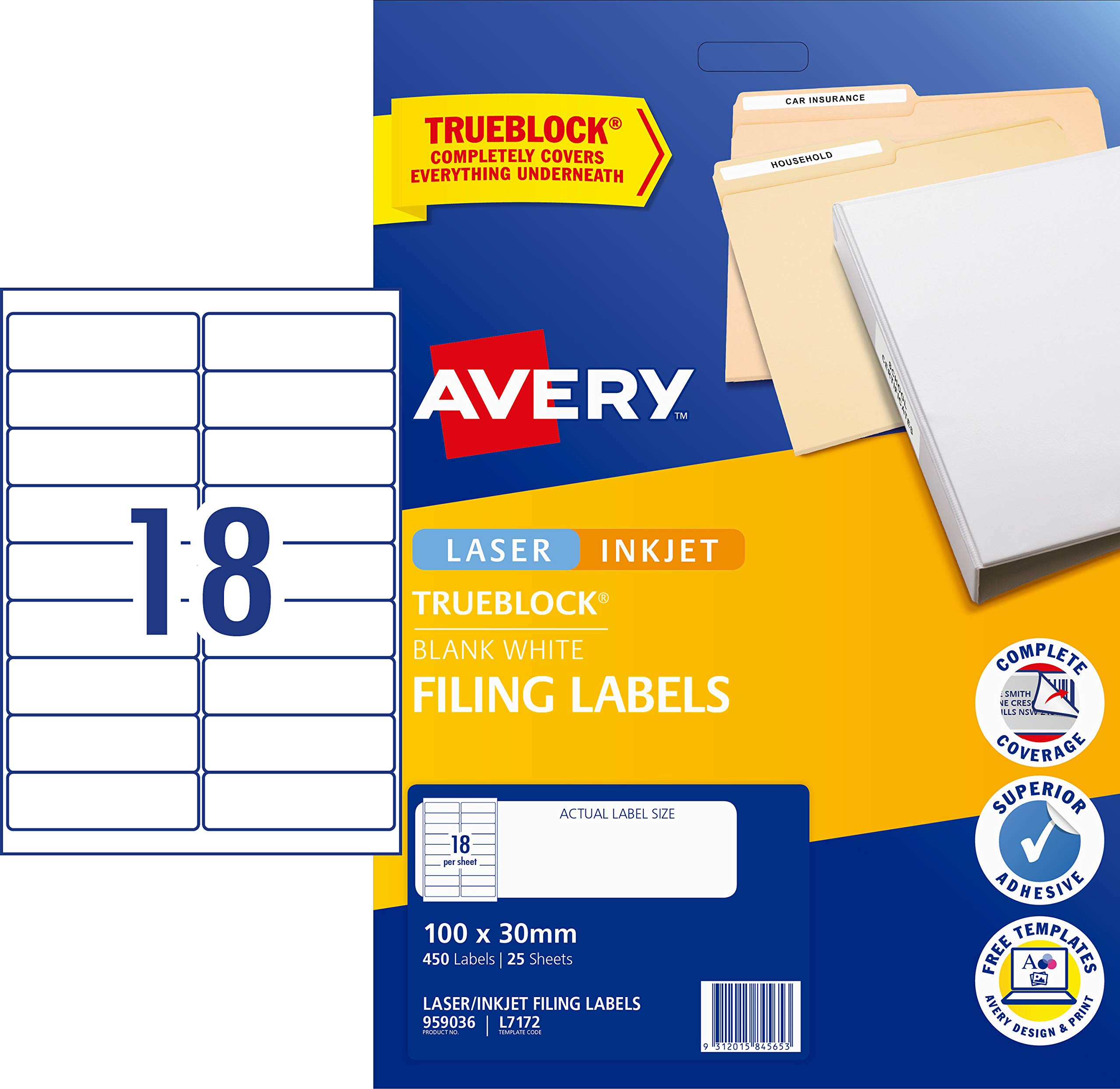 Avery 959036 L7172 - Etichette per stampante a getto d'inchiostro, 100 x 30 mm, 450 etichette