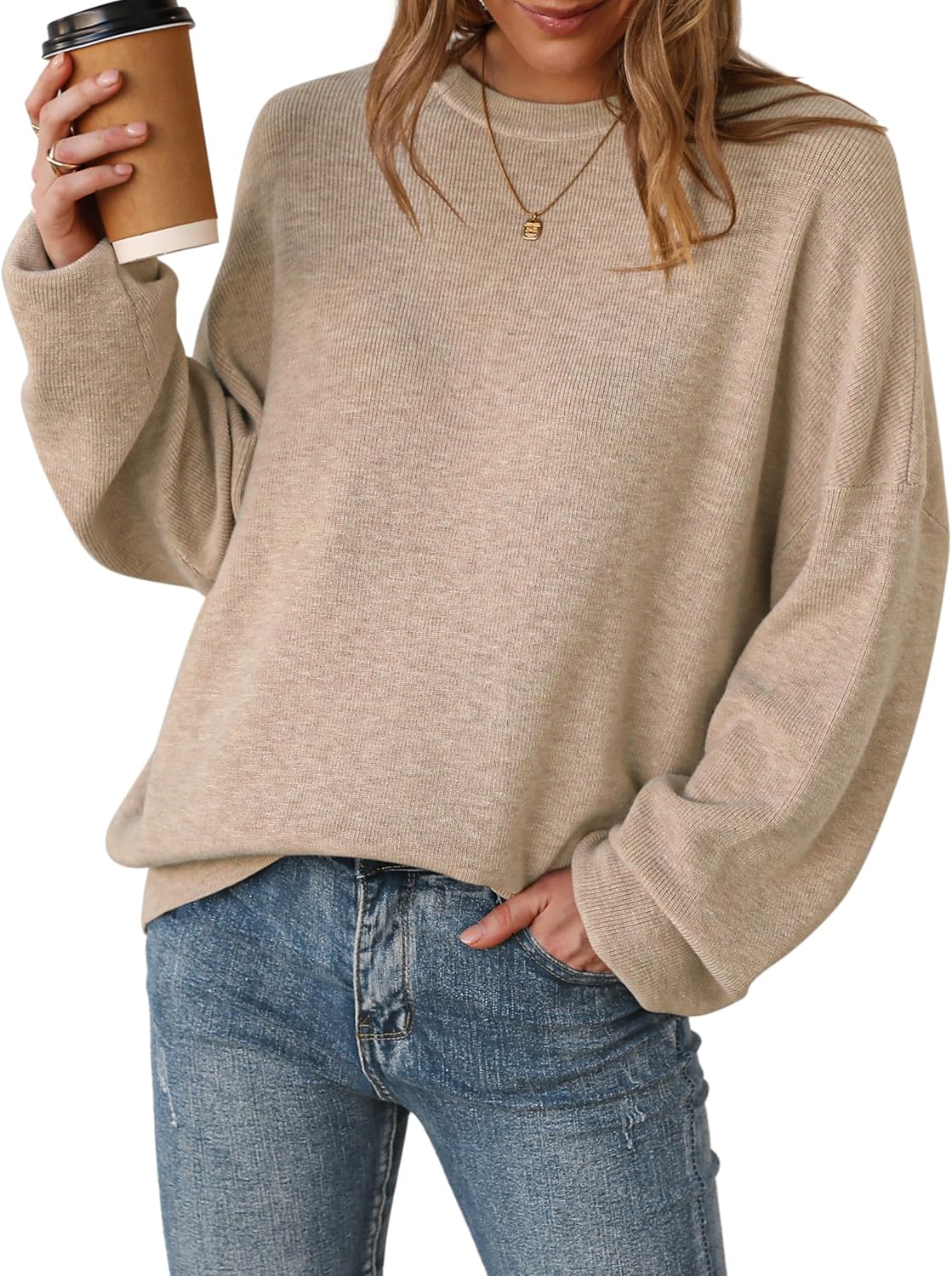 Arach&Cloz Women’s Wool Blend Oversized Sweaters Crewneck Casual Fall Outfits Fashion Tops