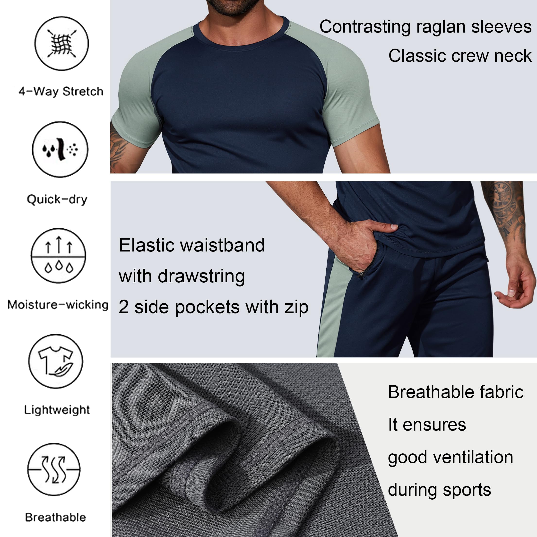 Wayleb Tuta Uomo Completa Set Tute Estiva T-shirt Collo Arrotondato e Pantaloncini, Set Sportivo Palestra da Abbigliamento Uomo Traspirante Tasche e Coulisse S-XXL