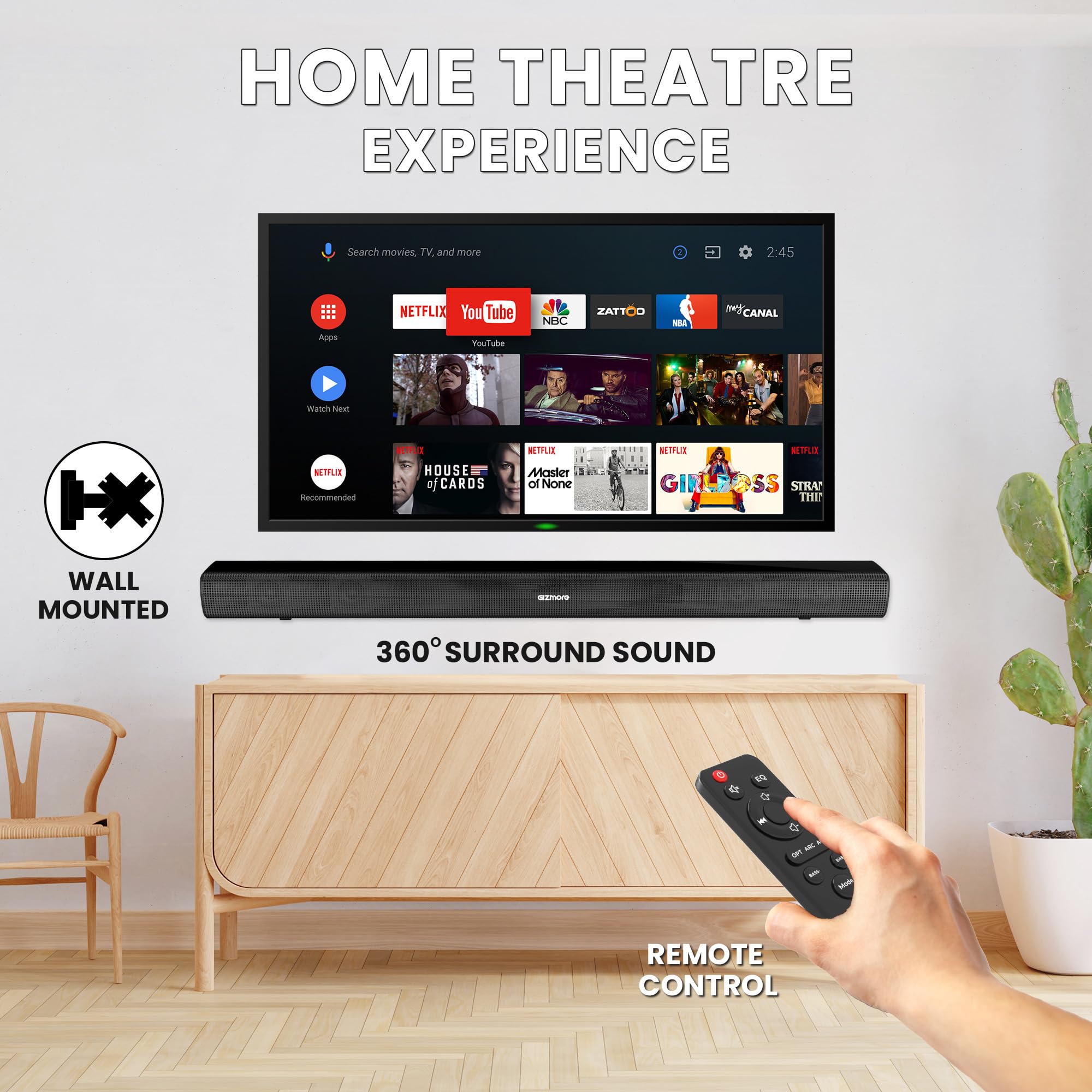 GIZMORE BAR6100 60W RMS Portable Bluetooth Soundbar with 360 Degree  Surround Sound Extra Deep Bass| Wall Mounted| Multi Connectivity Remote 