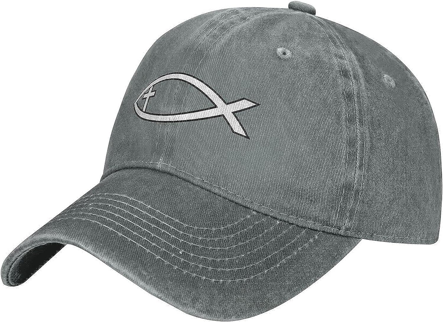 Nlwqekv Unisex Gray Hat Ichthus With Cross Christian Fish Symbol Baseball Cap Black Women Men Dad Hat Golf Cowboy Hat Trucker Hat