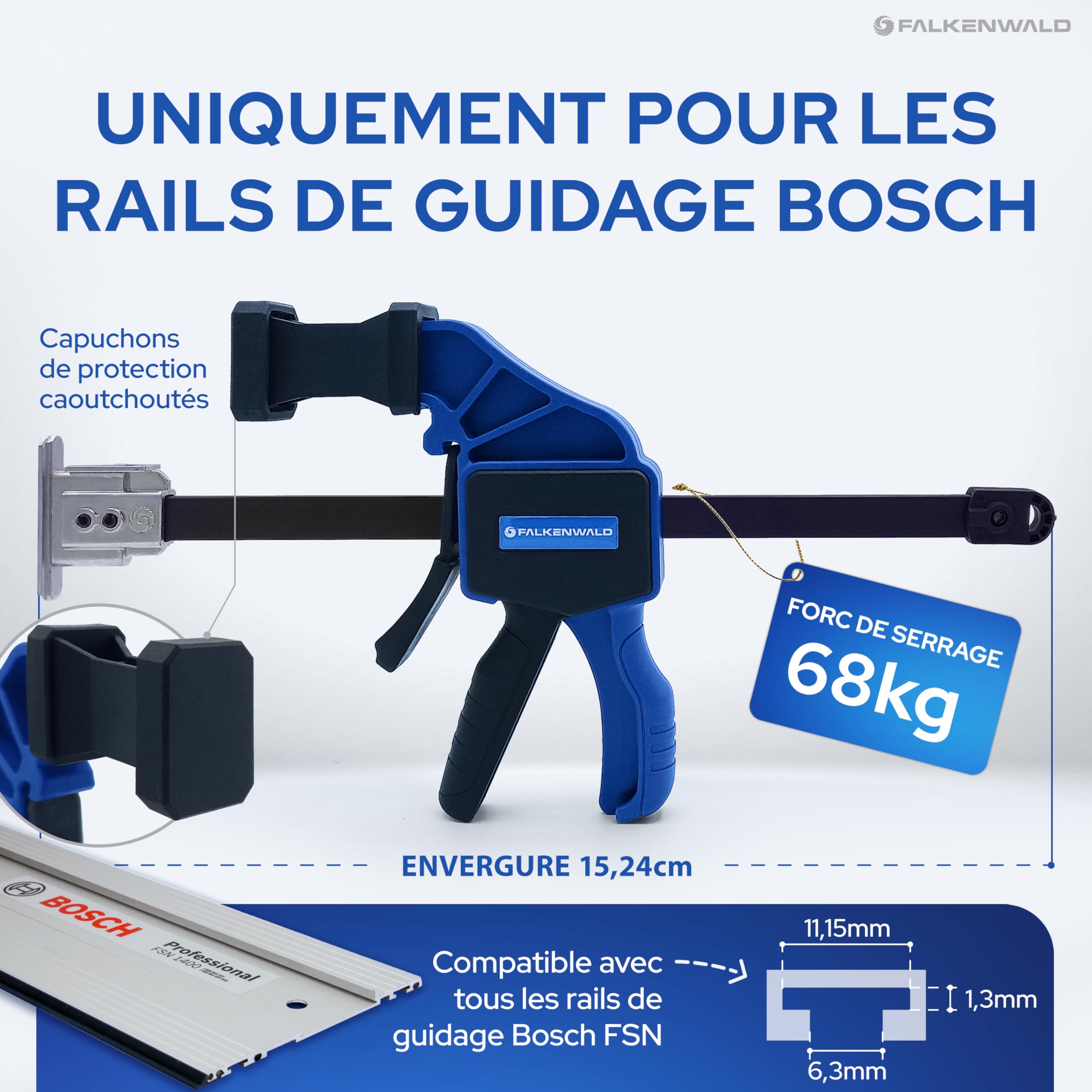 Falkenwald® Jeu de 2 Serre Joints à Libération Rapide pour bosch - Largeur de Serrage 150 mm et 240 mm - Force de Serrage Maximale de 68 kg pour Travail du Bois, des Métaux et DIY