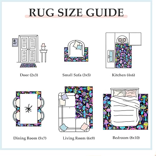 Miniatura 7 de Alfombra hippie de los años 70, alfombra de 5 x 7 pies, alfombra de hongo retro verde morado para dormitorio, estrellas de moda a lunares, lindas