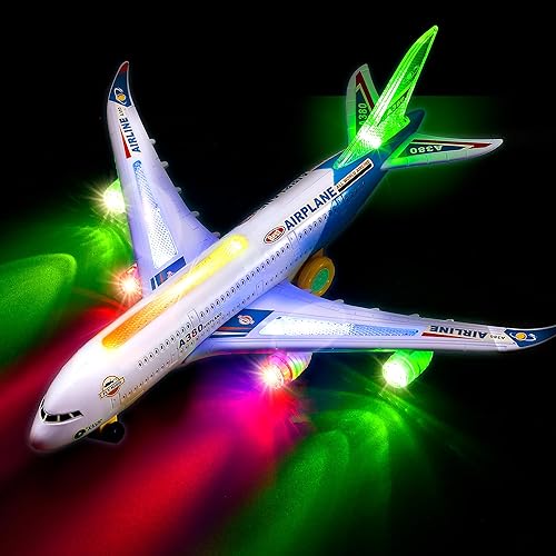 Zetz Brands Juguete de avión Bump and Go - Avión de juguete con luces 4D - Juguetes de avión para niños con luces reflectantes y sonido - Modelo de