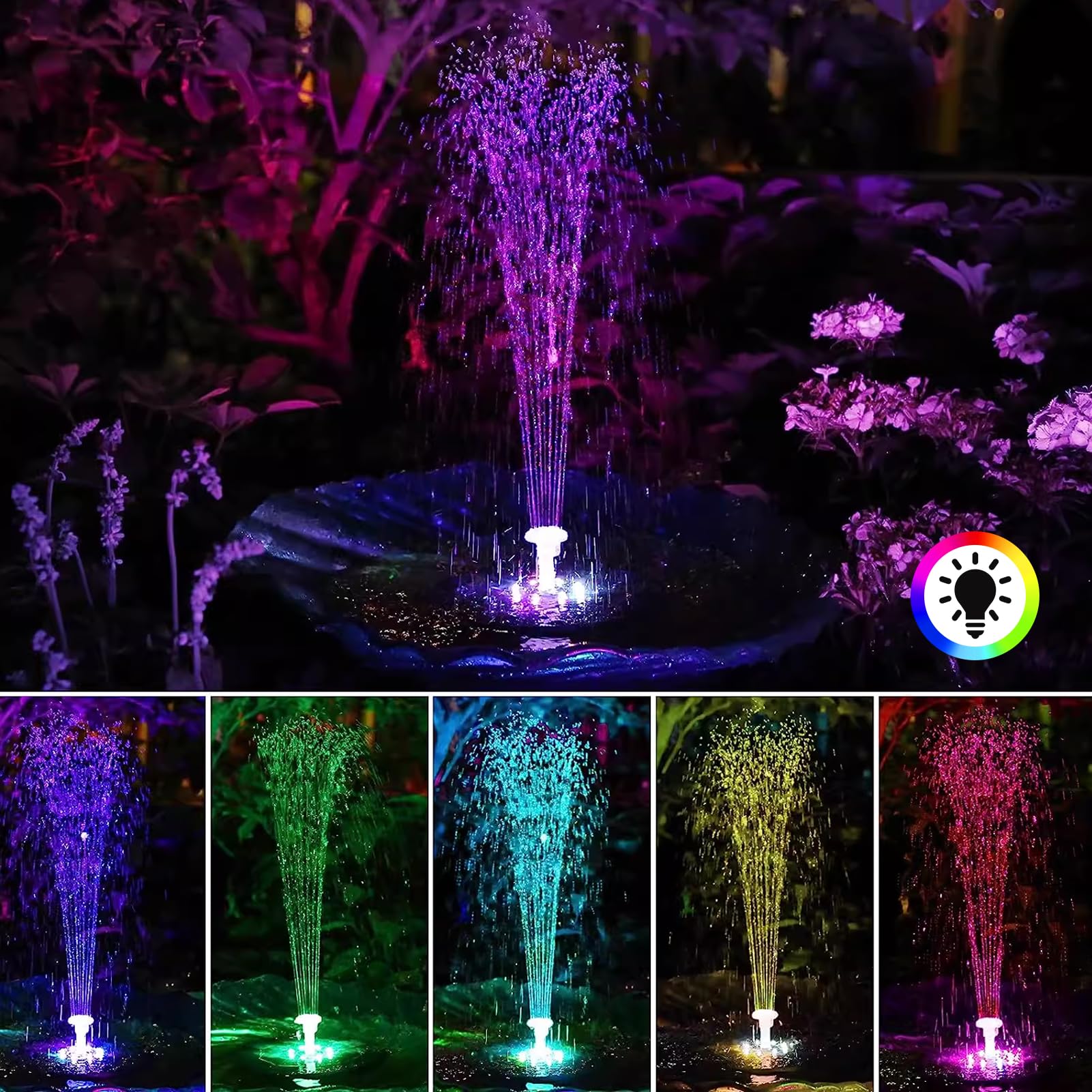 Nikou Fontaine Solaire Exterieure de Jardin, 3 W Flottante Pompe Bassin Solaire avec 8 Buses und Lumière, pour Bassin pour Jardins, Étangs, Poissons, Bains d'oiseaux