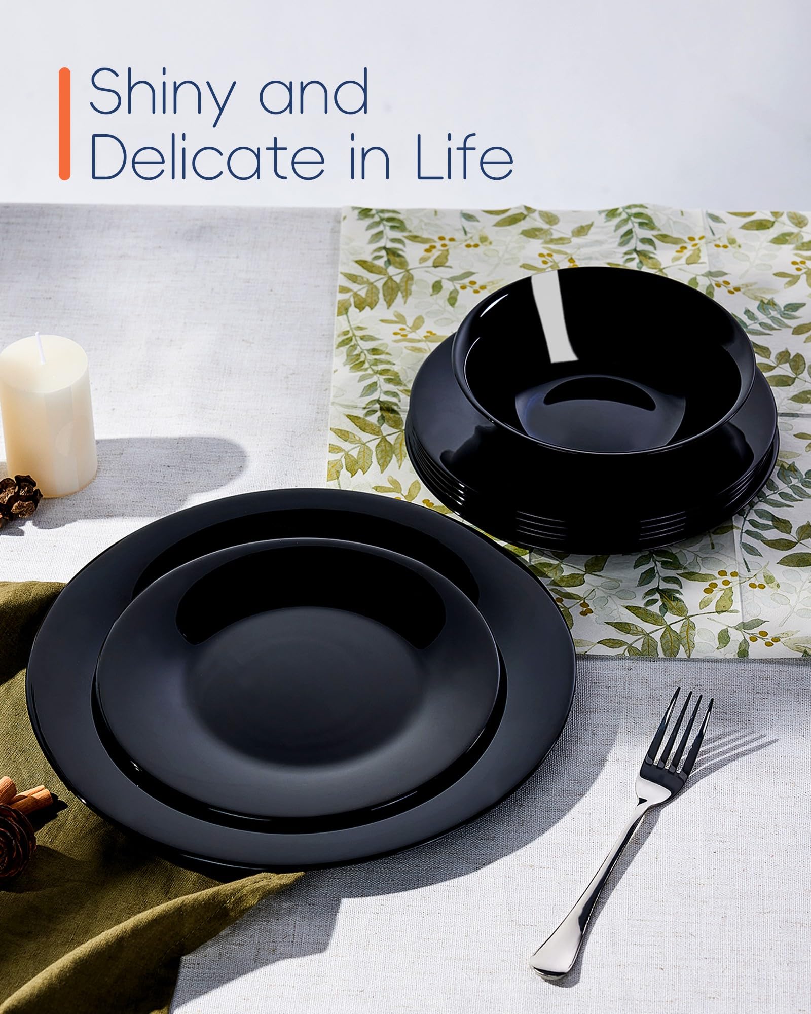 LaGlint 18-Piece Opal Glass Dinnerware Set For 6 - Black, Dishwasher Safe, Chip Resistant
