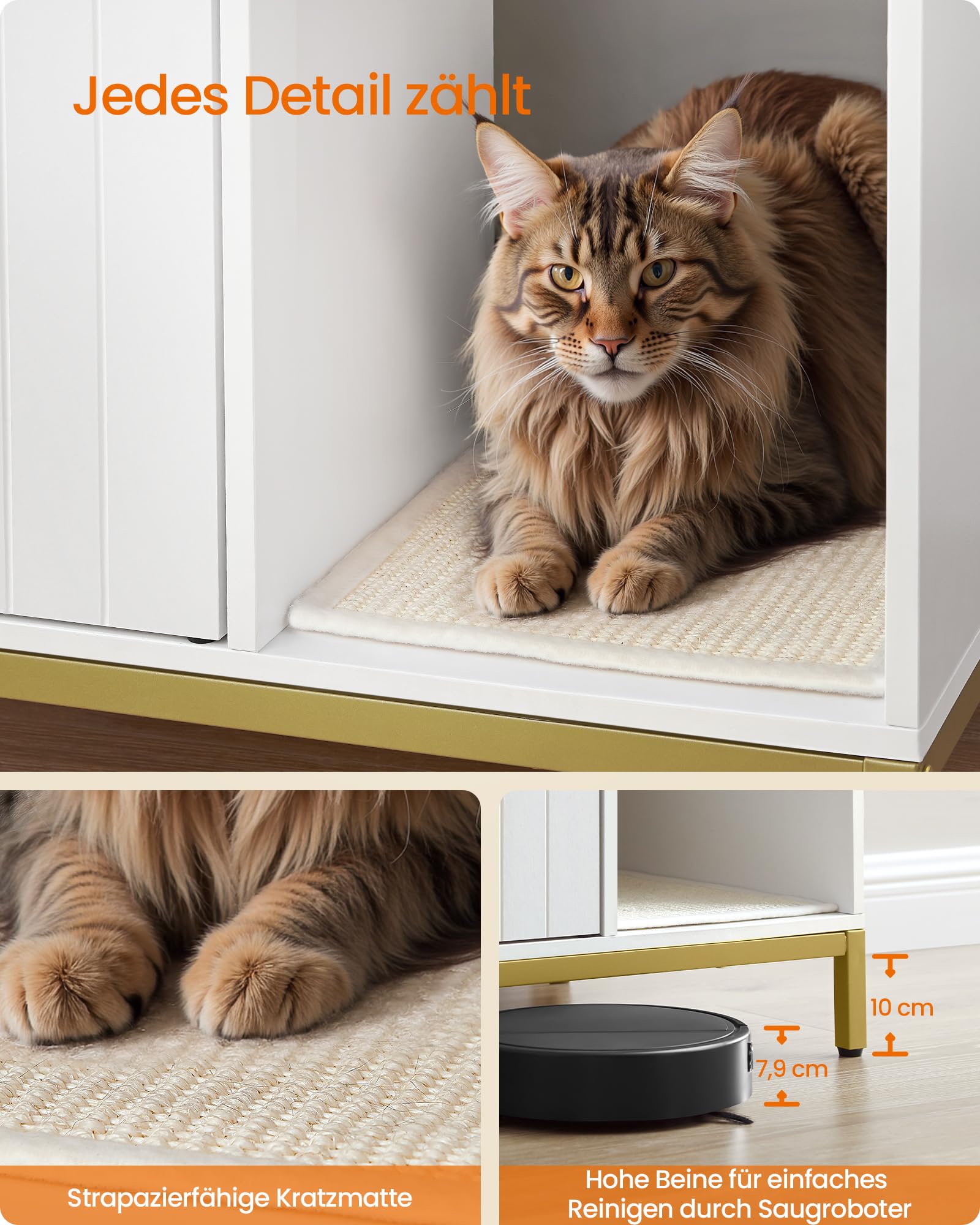 Feandrea Katzenklo-Schrank, Katzenhaus, Katzentoilette, mit Kratzmatte, hohe Beine, für Katzen, Beistelltisch, 90 x 48 x 61,5 cm, weiß-goldfarben PCL027W01