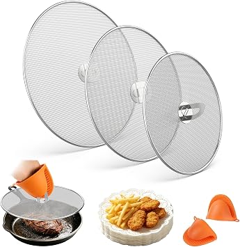 Splatter Screen for Frying Pan Set, 3 Pack (10", 11.5", 13") Stainless Steel Grease Splatter Guard with Foldable Handle, Fine Mesh Oil Splash Screen with Silicone Oven Mitts, Dishwasher Safe