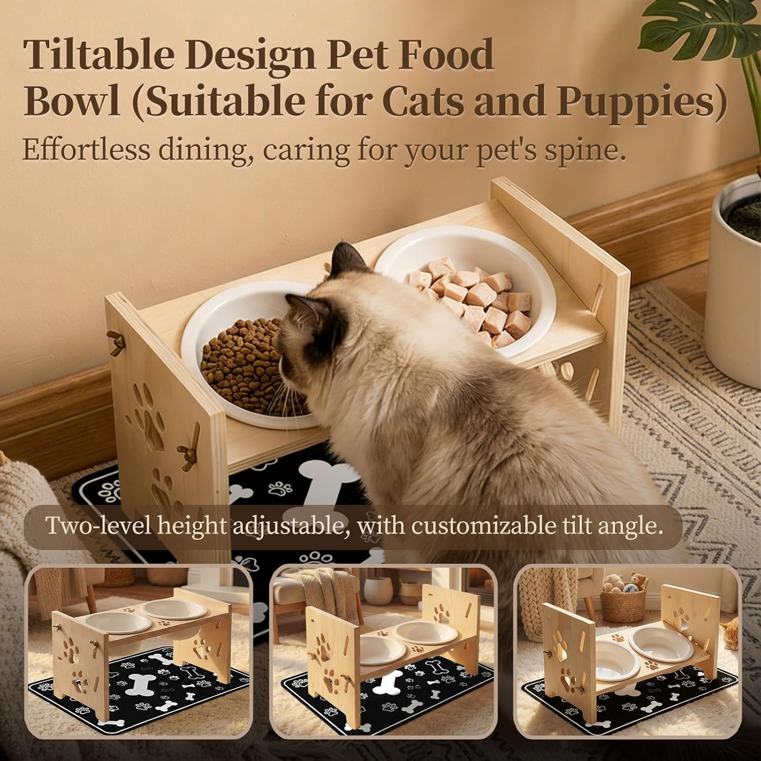 2026 New Elevated Cat Bowls with Food Mat, Adjustable Height & Angle Raised Cat & Dog Bowls Stand for Food and Water, Cat or Small Dog Feeding Station, 2 Ceramic Bowls for Cats and Puppy(Natural Wood)