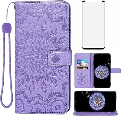 Phone Case for Samsung Galaxy S9 Plus Wallet Cases with Tempered Glass Screen Protector and Leather Flip Cover Card Holder Stand Cell Accessories Glaxay S9+ 9S 9+ S 9 9plus S9plus Women Purple