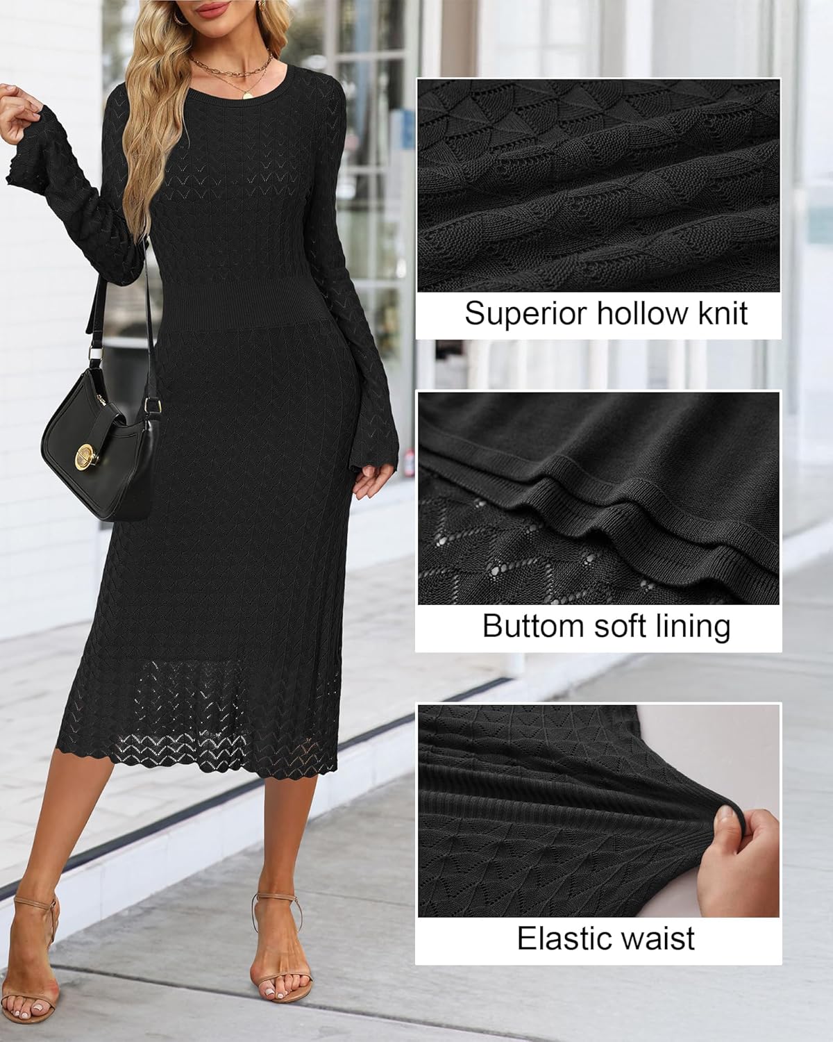 Newshows Women Winter Sweater Dresses 2026 Church Midi Long Sleeve Hollow Knit Modest Business Casual Outfits - Image 6