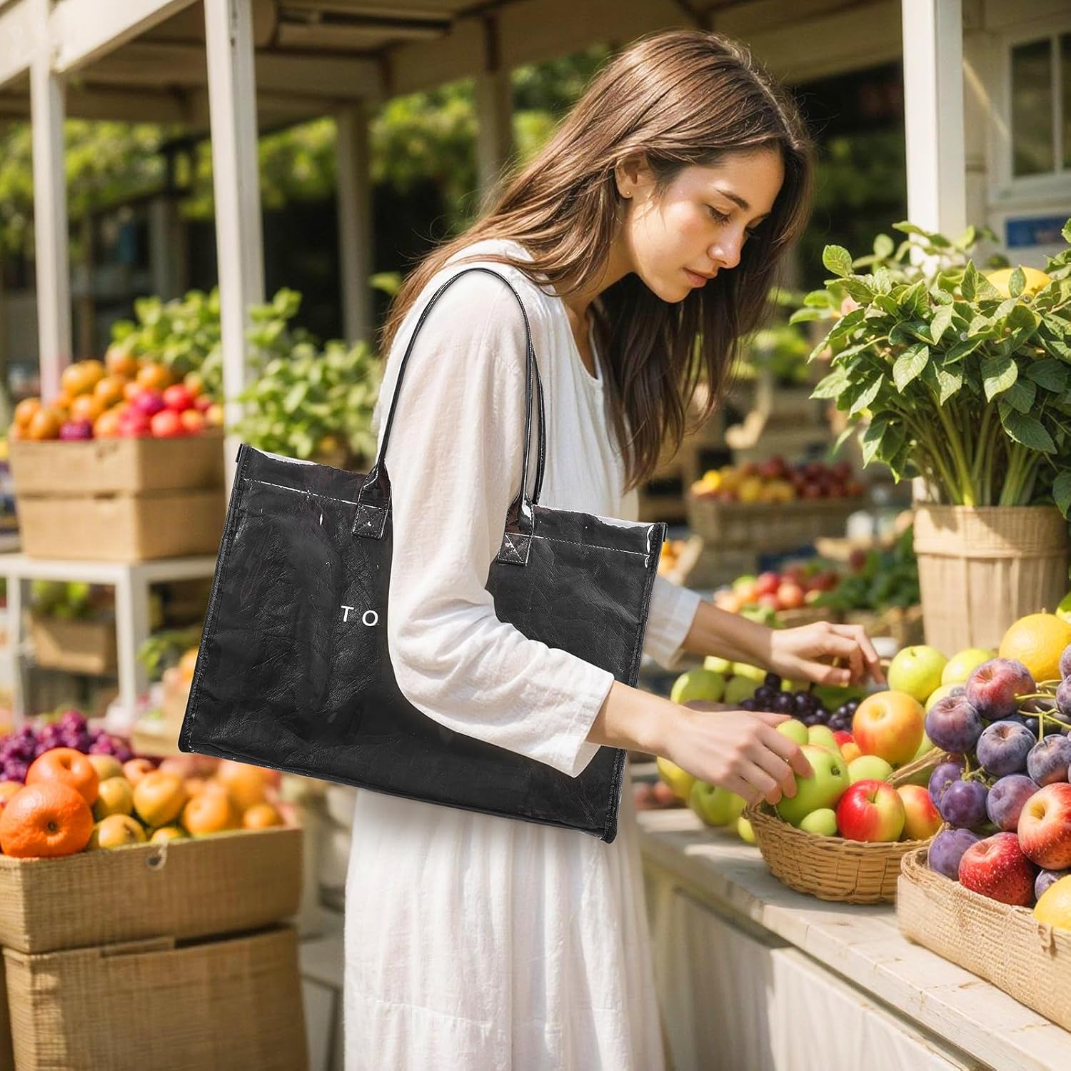 Lushandy PVC Tote Bag for Women, Large Plastic Tote Purse Work Kraft Paper Letter Print Shoulder Bag Carry All Hobo Handbag - Image 2