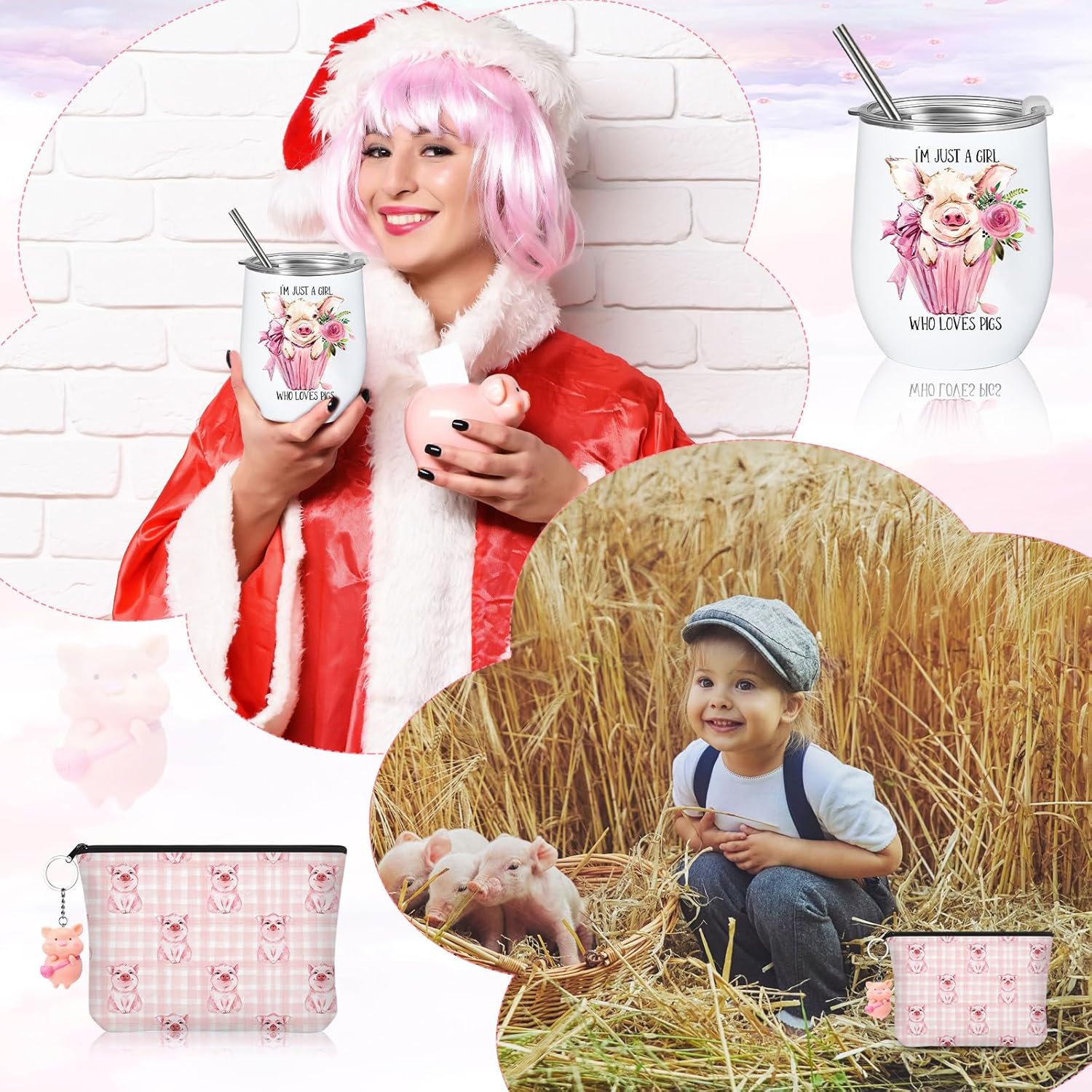 Sieral 3 Pcs Pig Gifts for Pig Lover Women Girls Mom 12 Oz Stainless Steel Wine Tumbler with Lid Cosmetic Bag Keychain for Birthday Themed Animal Lovers - Image 6