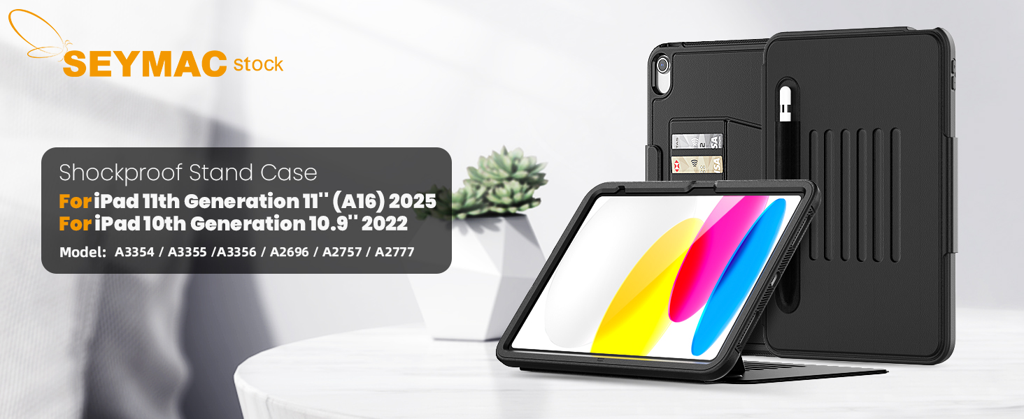 Coque SEYMAC Robuste IPad 11ᵉ/10ᵉ Gen (A16) 11"/10.9" 2025/2022 – Antichoc, Protecteur Écran, Dragonne 360°, Support, Porte-Crayon, Noir