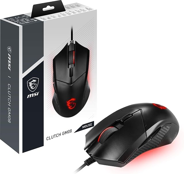 MSI Clutch GM08 – Ratón Gaming con Sensor Óptico 4200 dpi, Ajuste de Peso, RGB Rojo, 6 Botones Programables, Diseño Ergonómico Ambidiestro