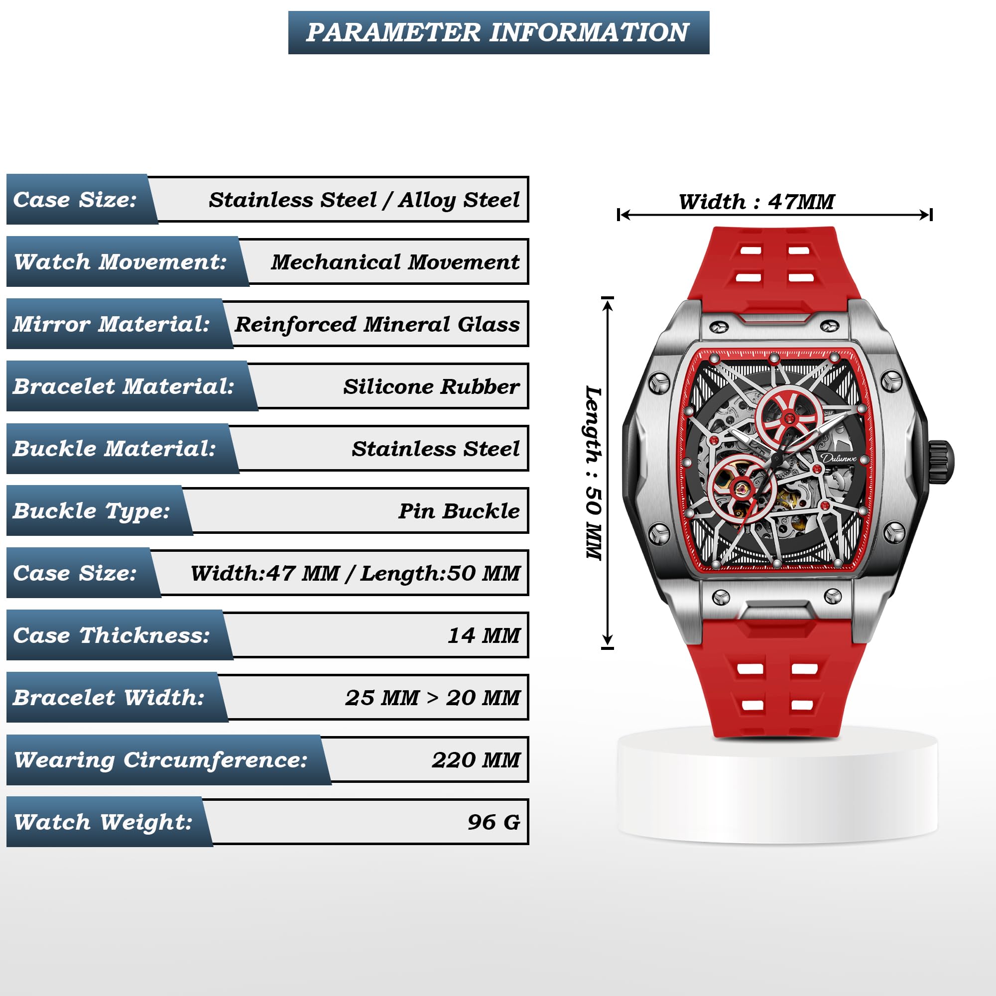 Reloj Mecánico Automático para Hombre Reloj de Barril/Tonneau Cuerda Automática Moda Hueco Azul Narino/Rojo/Negro/Blanco/Diseño Elegante Lmpermeable Luminoso(Rojo Plateado)