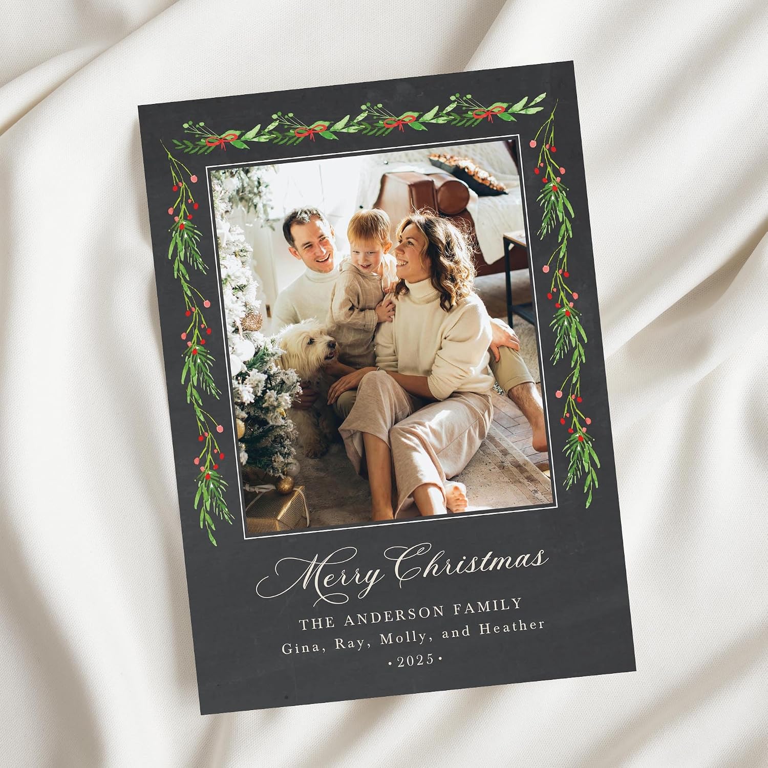 Personalized Christmas Photo Cards 5x7, Family Holiday Greeting Cards with Holly Garland, Modern Printed Notecards with Envelopes (Charcoal)